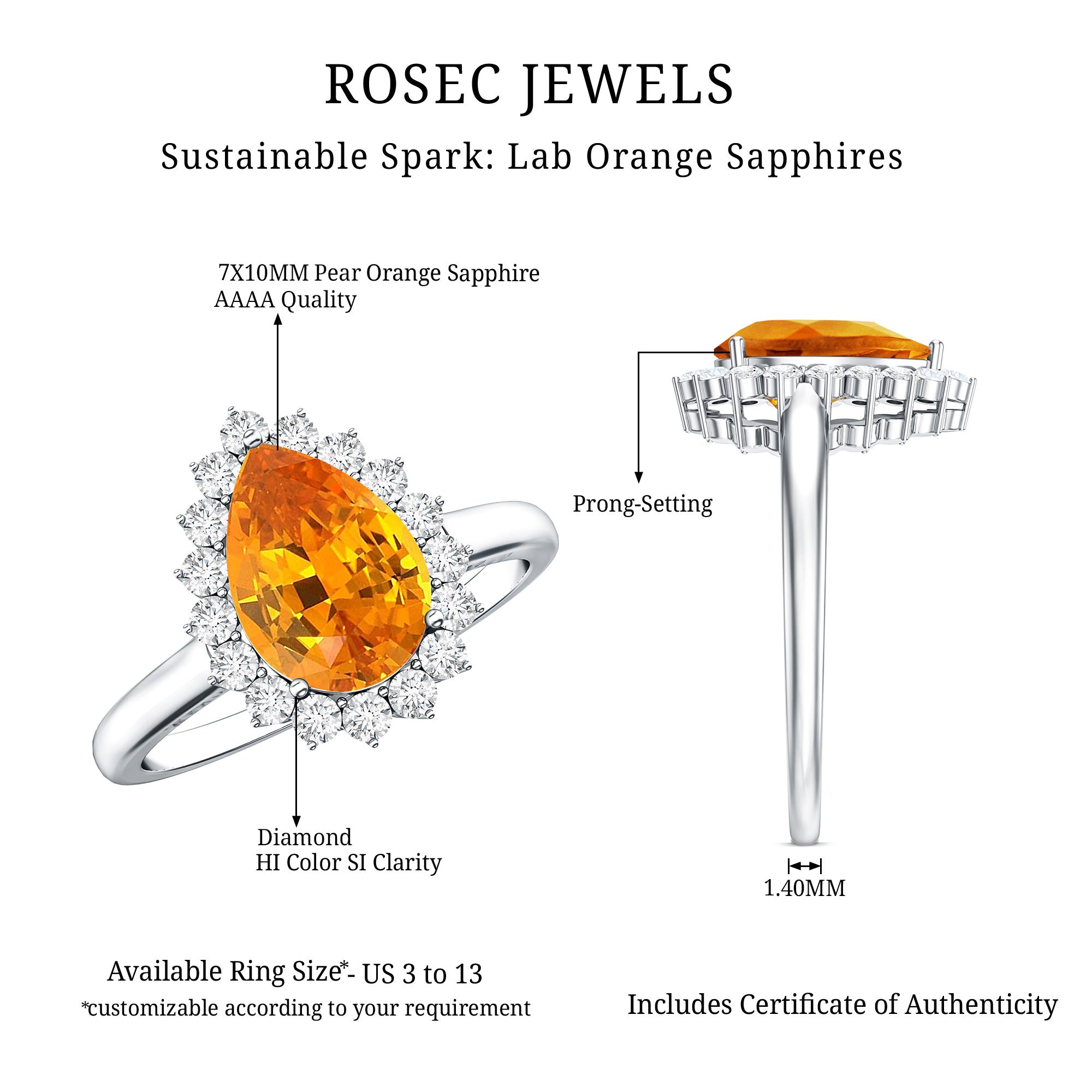 2.5 Carat Lab Grown Orange Sapphire Teardrop Engagement Ring with Diamond Halo AAAA - Rosec Jewels