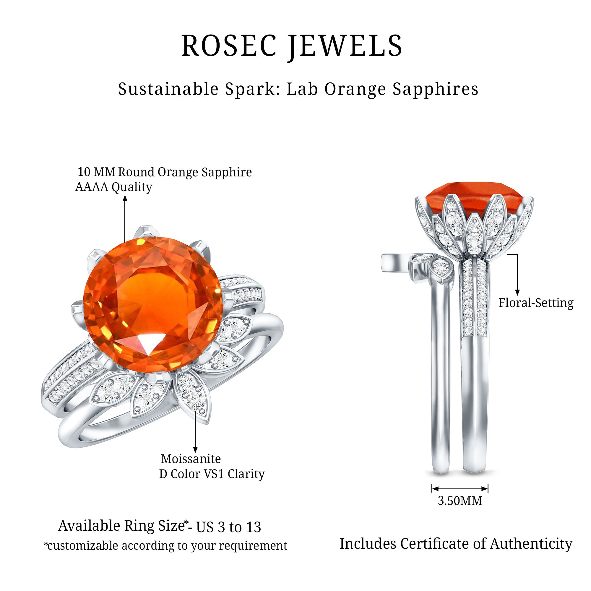 Nature Inspired 4.5 Carat Lab Grown Orange Sapphire Engagement Ring with Enhancer AAAA - Rosec Jewels