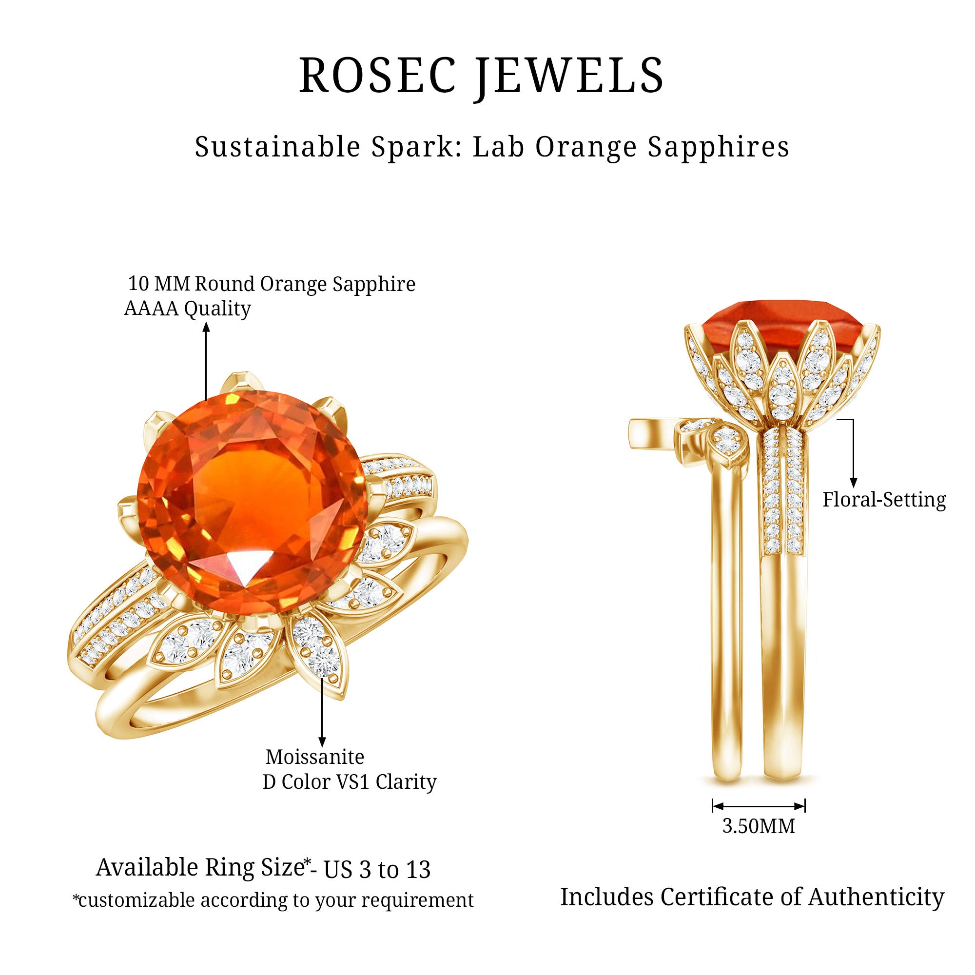 Nature Inspired 4.5 Carat Lab Grown Orange Sapphire Engagement Ring with Enhancer AAAA - Rosec Jewels
