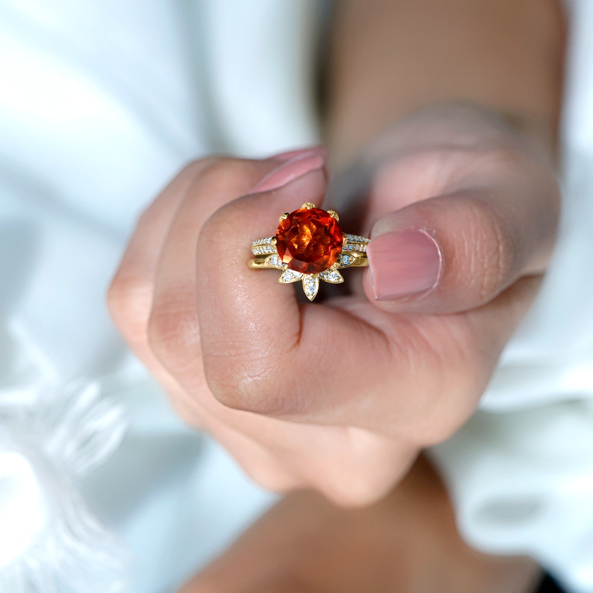 Nature Inspired 4.5 Carat Lab Grown Orange Sapphire Engagement Ring with Enhancer AAAA - Rosec Jewels