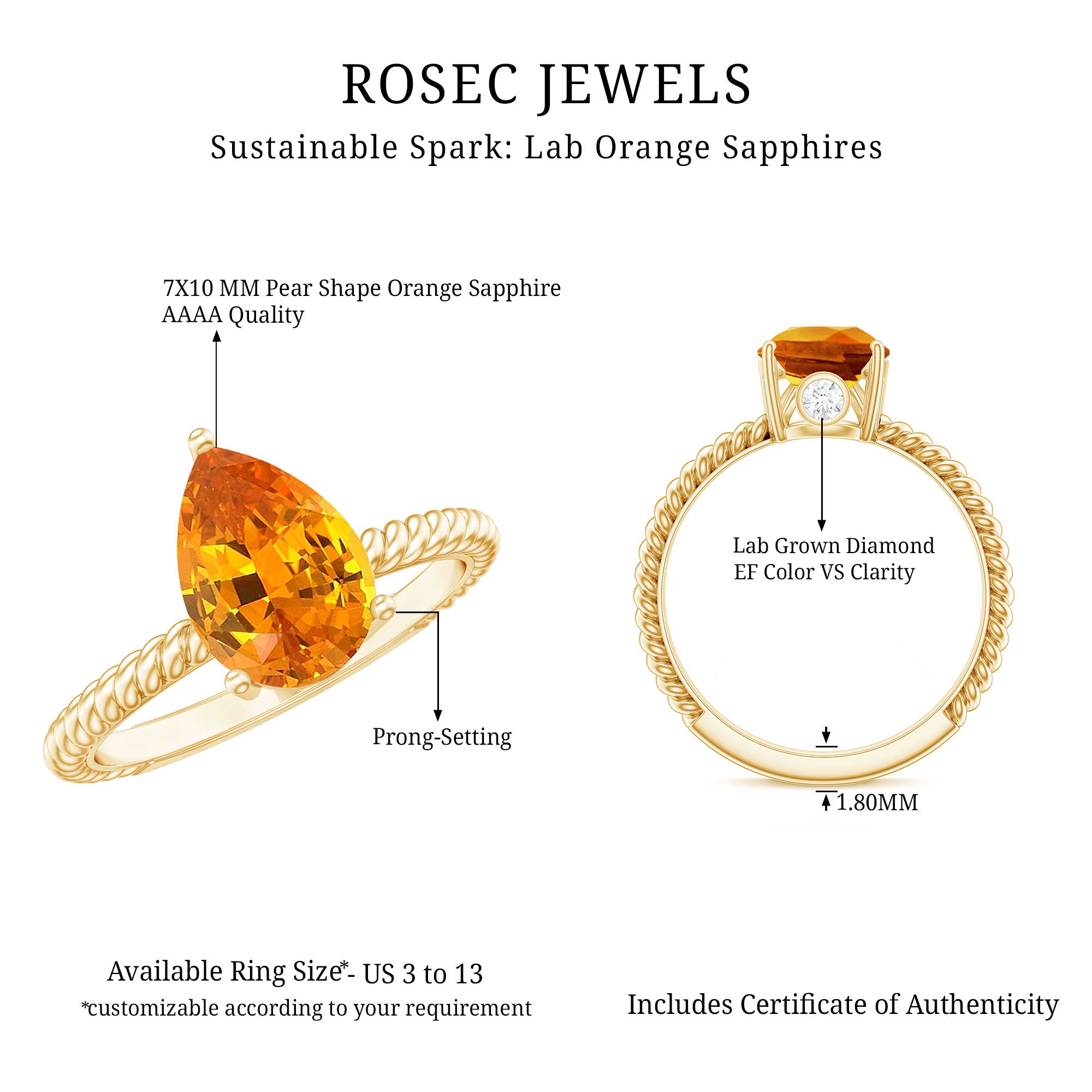 2.5 Carat Lab Grown Orange Sapphire Pear Shaped Engagement Ring with Twisted Rope AAAA - Rosec Jewels