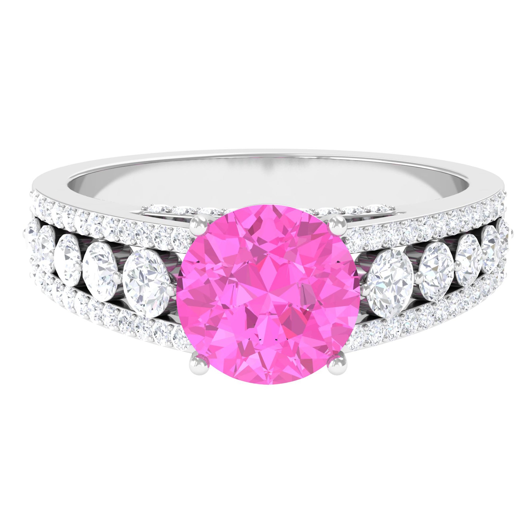 Created Pink Sapphire Engagement Ring with Moissanite Side Stones