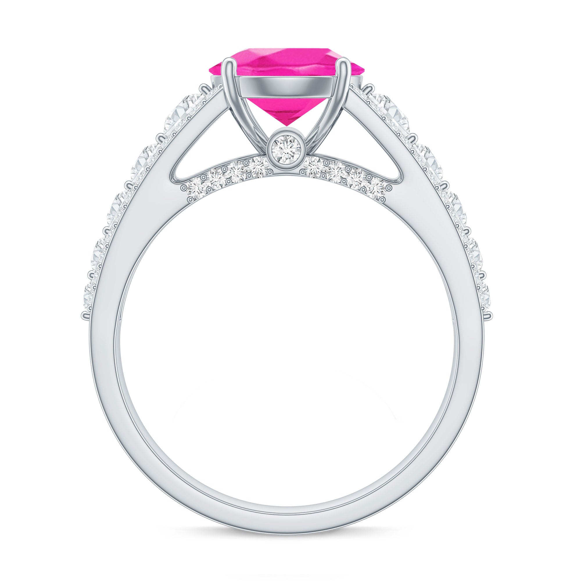 Created Pink Sapphire Engagement Ring with Moissanite Side Stones AAAA - Rosec Jewels