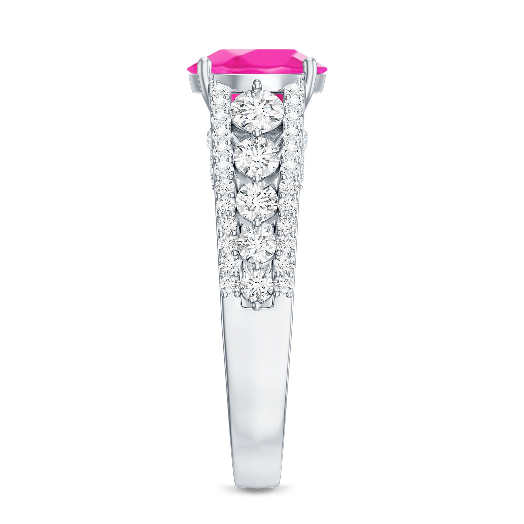 Created Pink Sapphire Engagement Ring with Moissanite Side Stones AAAA - Rosec Jewels