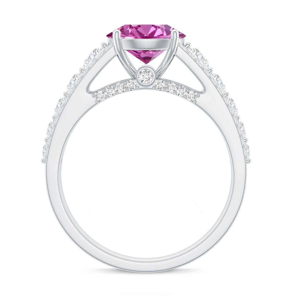 Created Pink Sapphire Engagement Ring with Moissanite Side Stones AAAA - Rosec Jewels