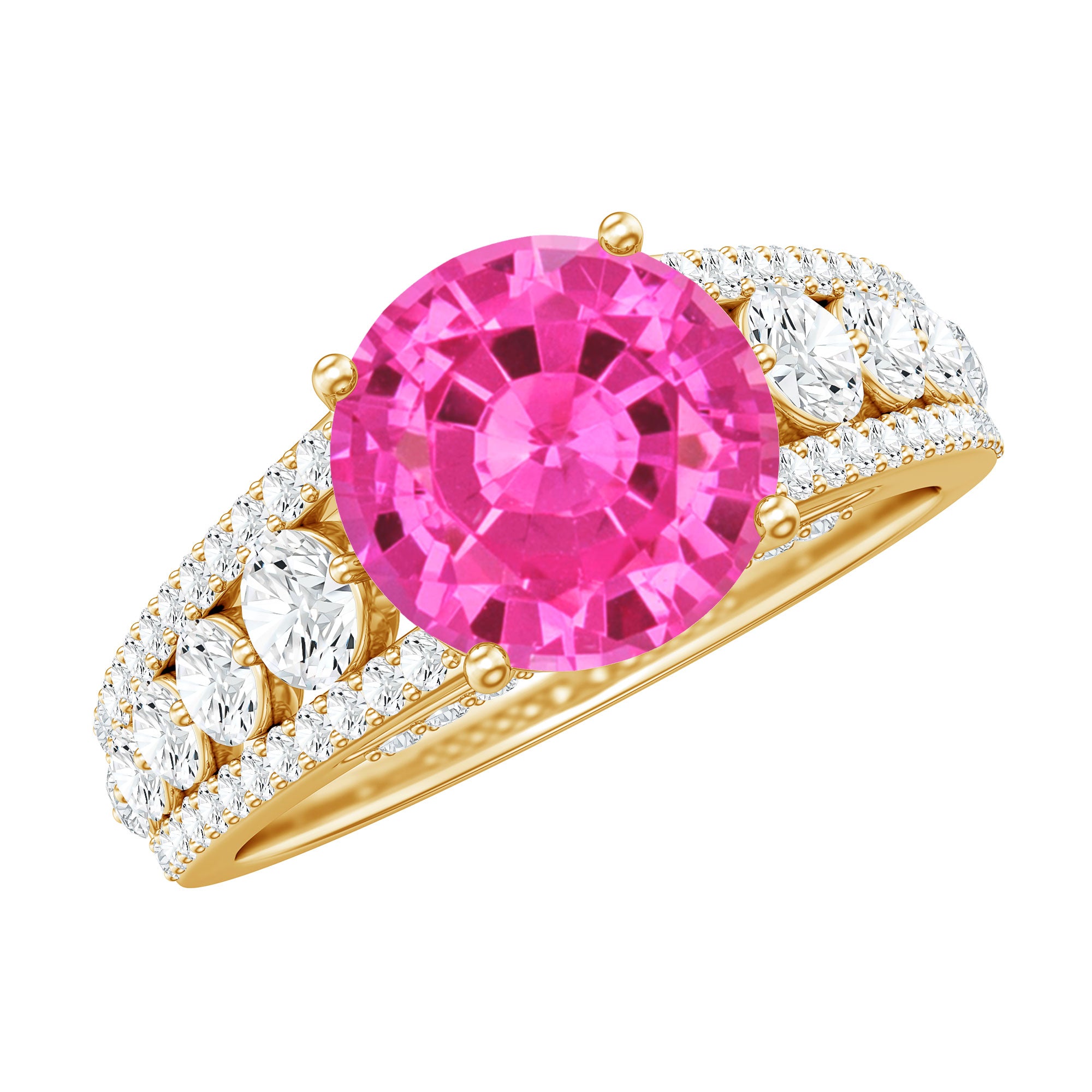 Created Pink Sapphire Engagement Ring with Moissanite Side Stones AAAA - Rosec Jewels