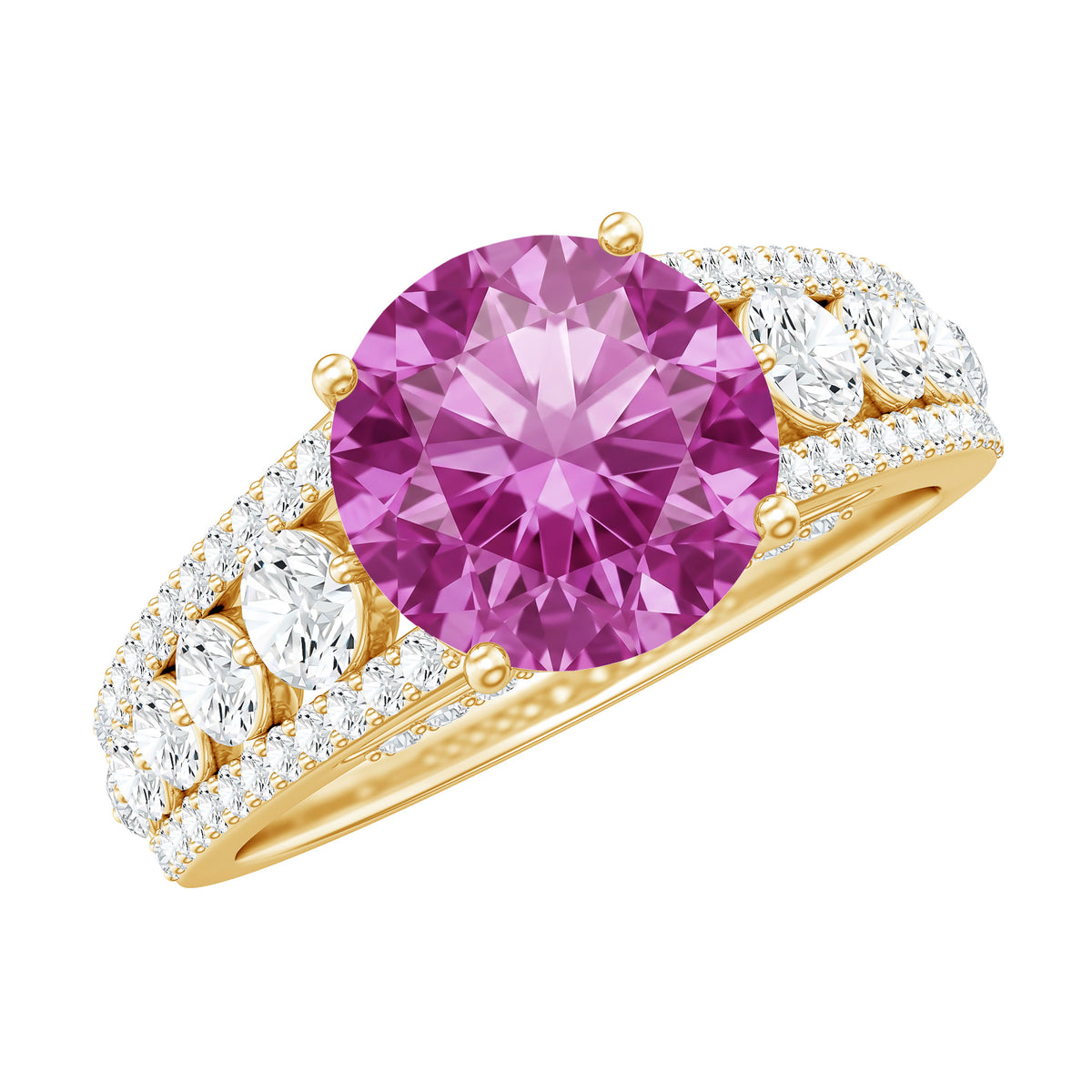 Created Pink Sapphire Engagement Ring with Moissanite Side Stones AAAA - Rosec Jewels