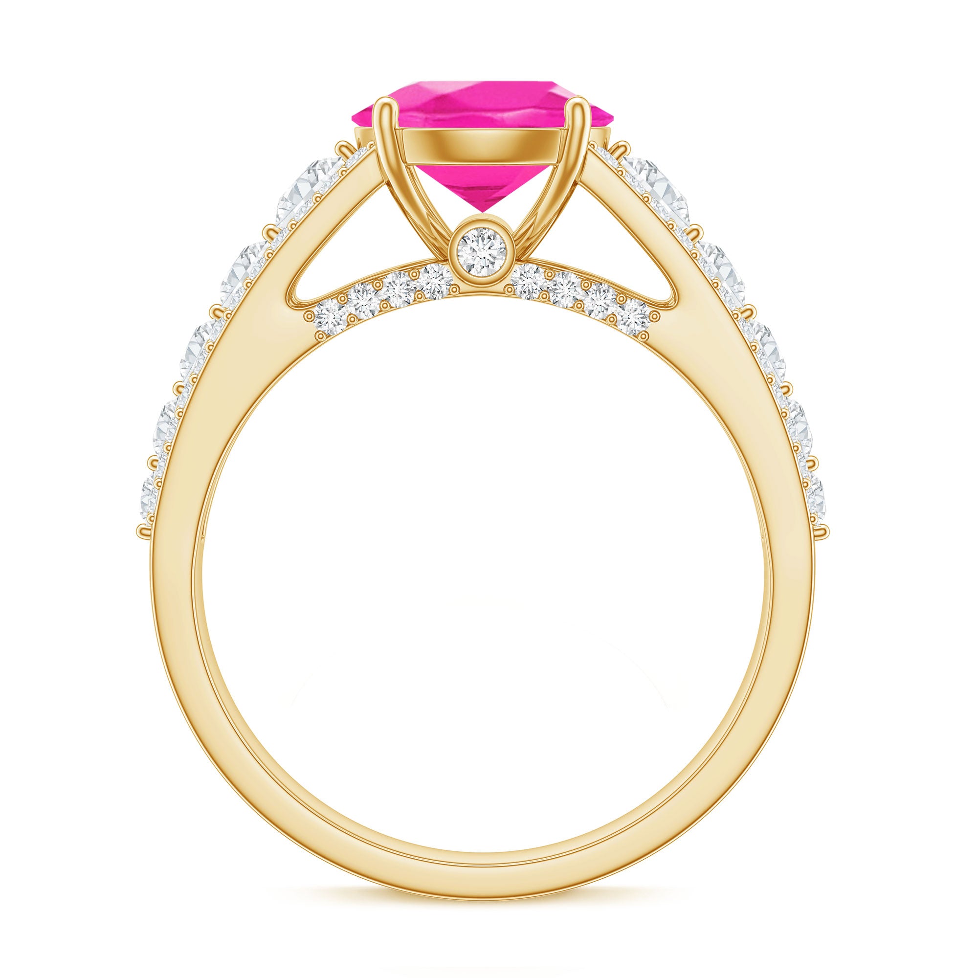 Created Pink Sapphire Engagement Ring with Moissanite Side Stones AAAA - Rosec Jewels