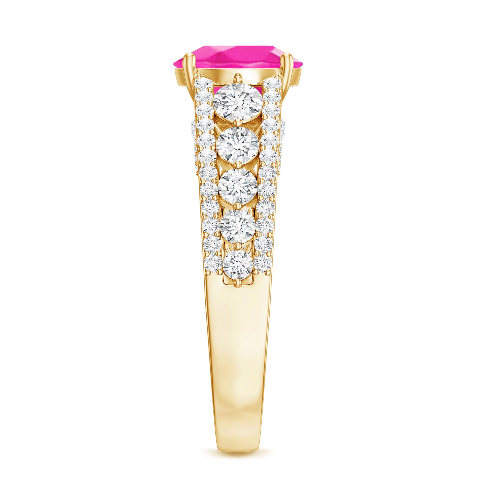 Created Pink Sapphire Engagement Ring with Moissanite Side Stones AAAA - Rosec Jewels