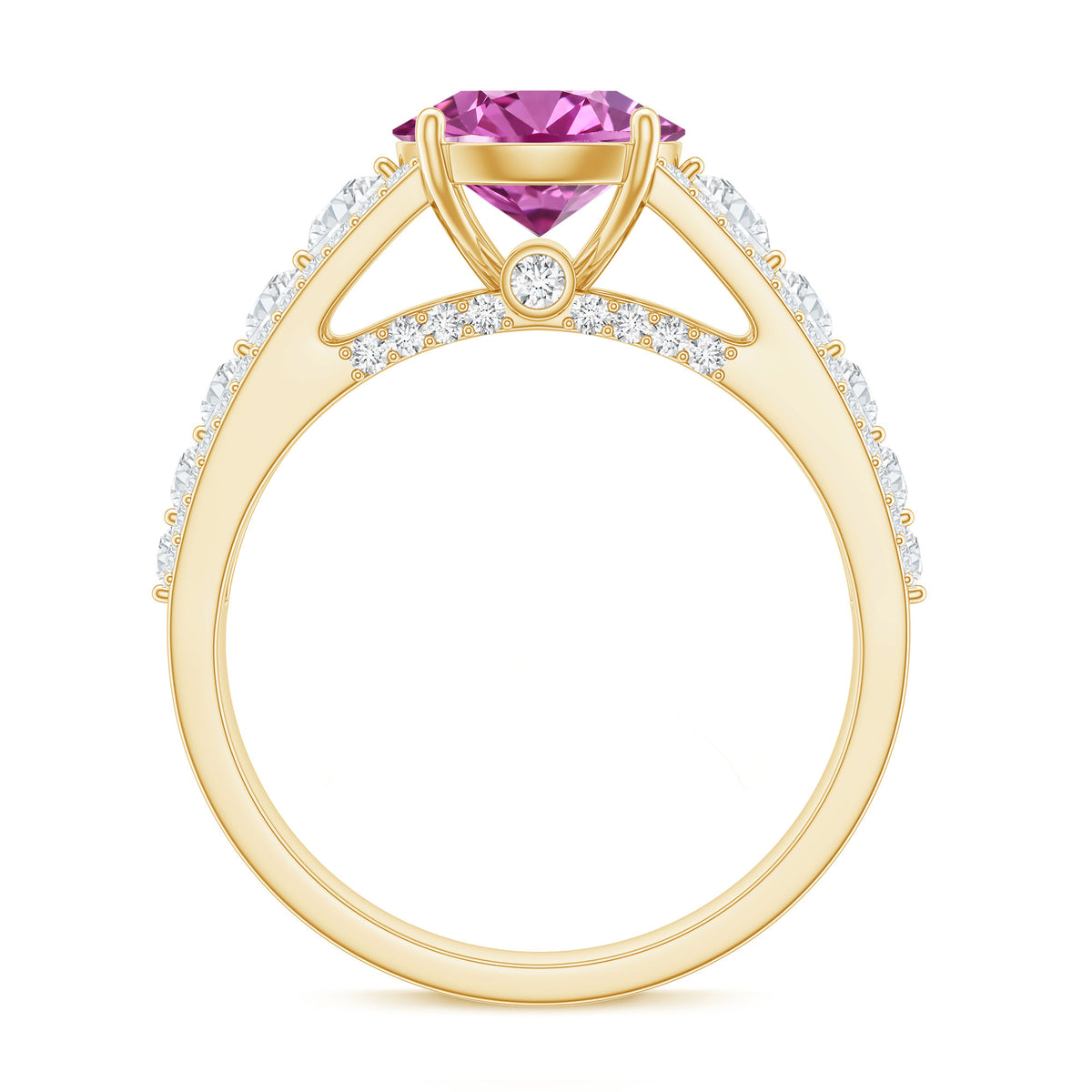Created Pink Sapphire Engagement Ring with Moissanite Side Stones AAAA - Rosec Jewels