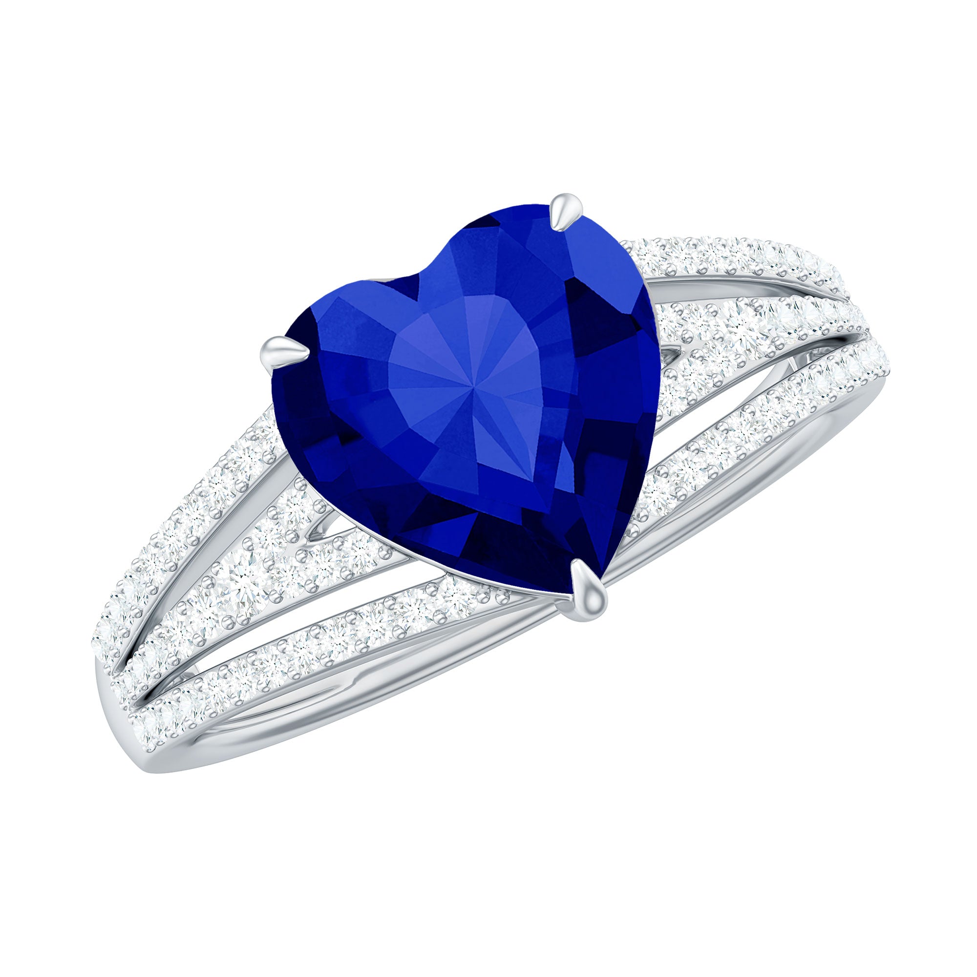 Created Blue Sapphire Heart Engagement Ring with Diamond