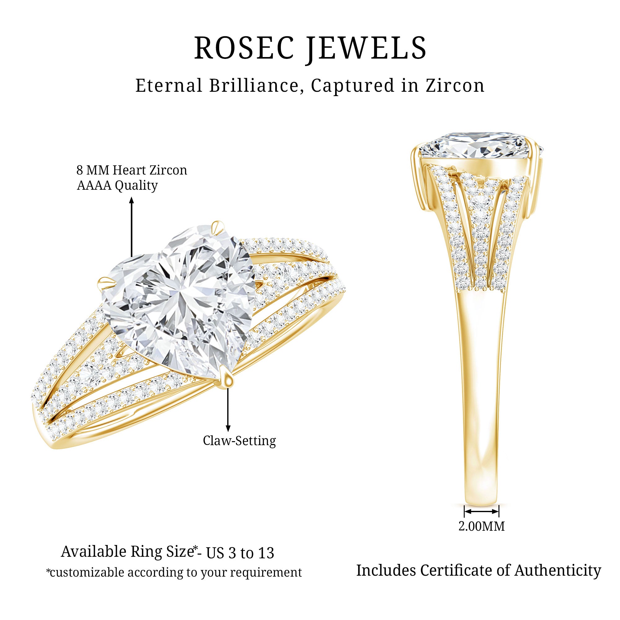 Certified Cubic Zirconia Heart Engagement Ring AAAA - Rosec Jewels