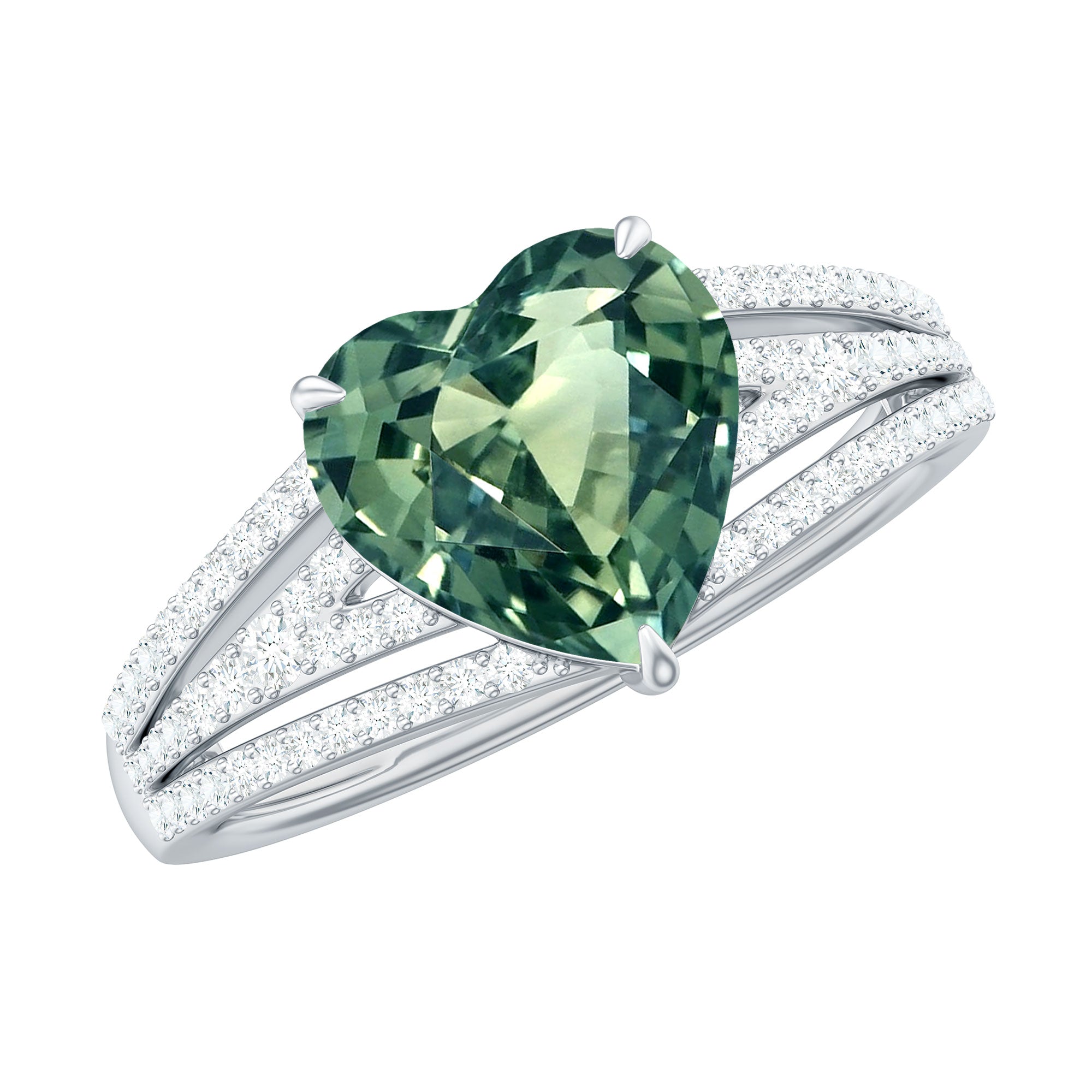 Heart Shape Created Green Sapphire and Diamond Engagement Ring