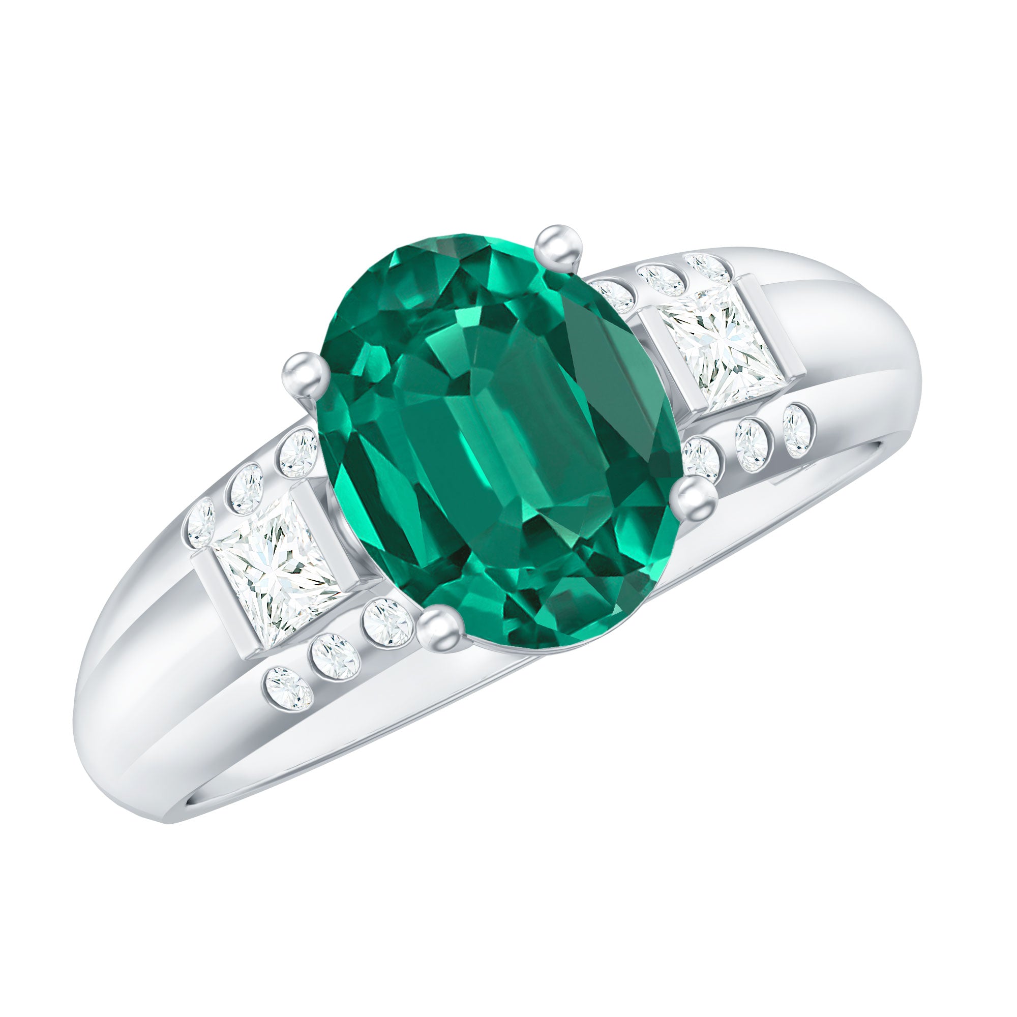 Solitaire Lab Grown Emerald Oval Engagement Ring with Diamond