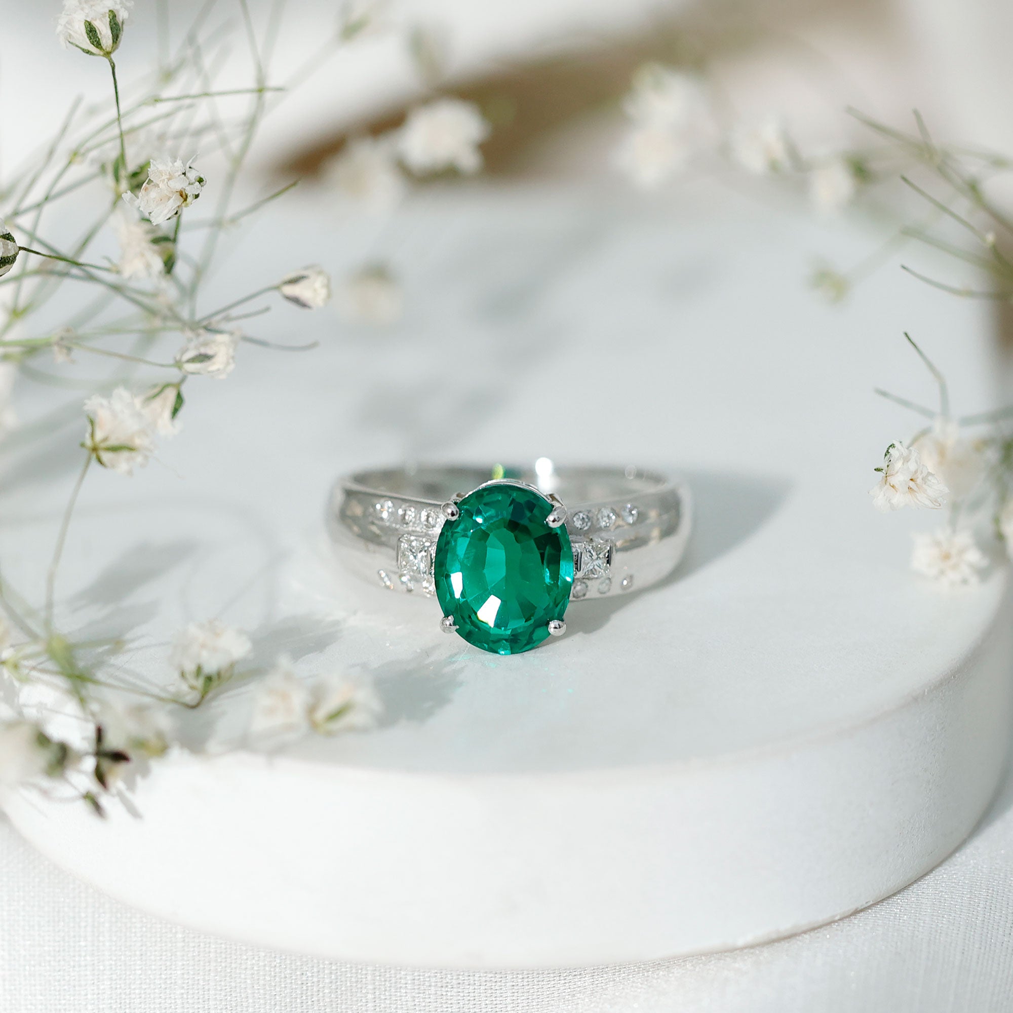 3 Carat Lab Grown Emerald Oval Engagement Ring with Diamond AAAA - Rosec Jewels
