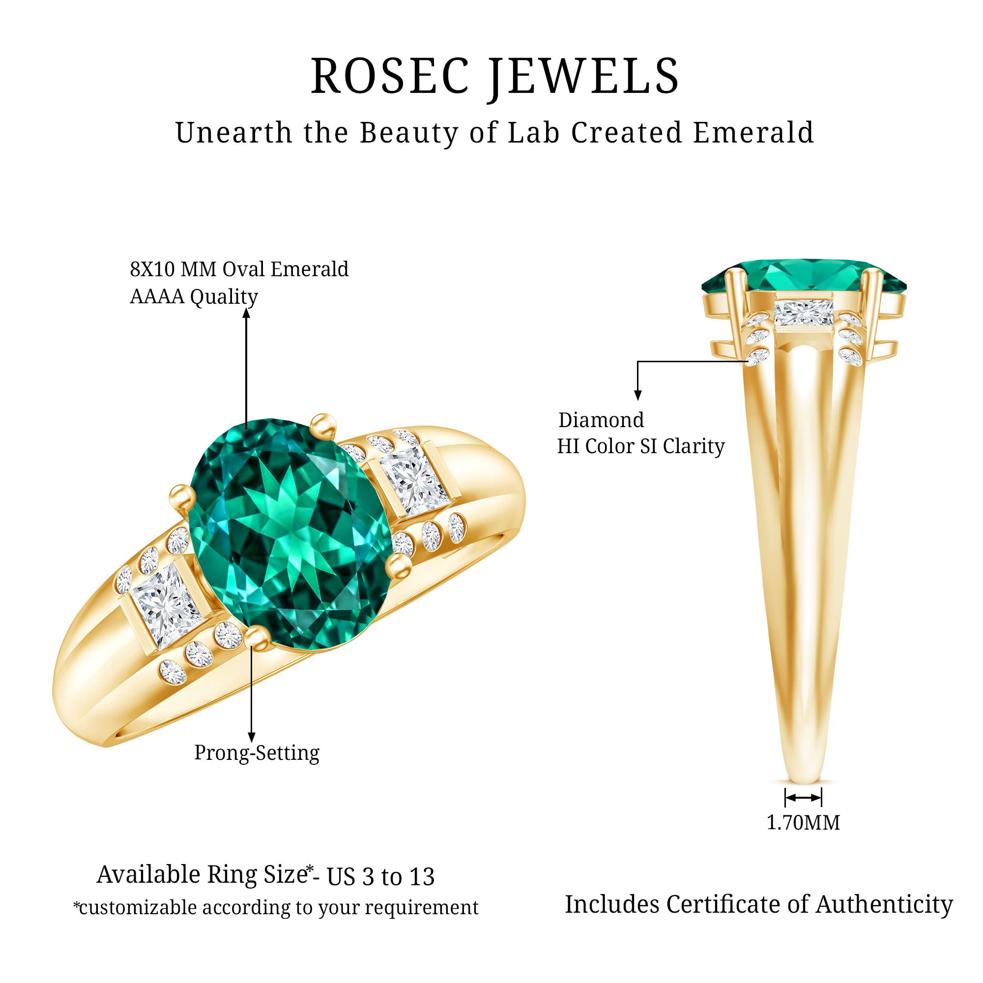 3 Carat Lab Grown Emerald Oval Engagement Ring with Diamond AAAA - Rosec Jewels