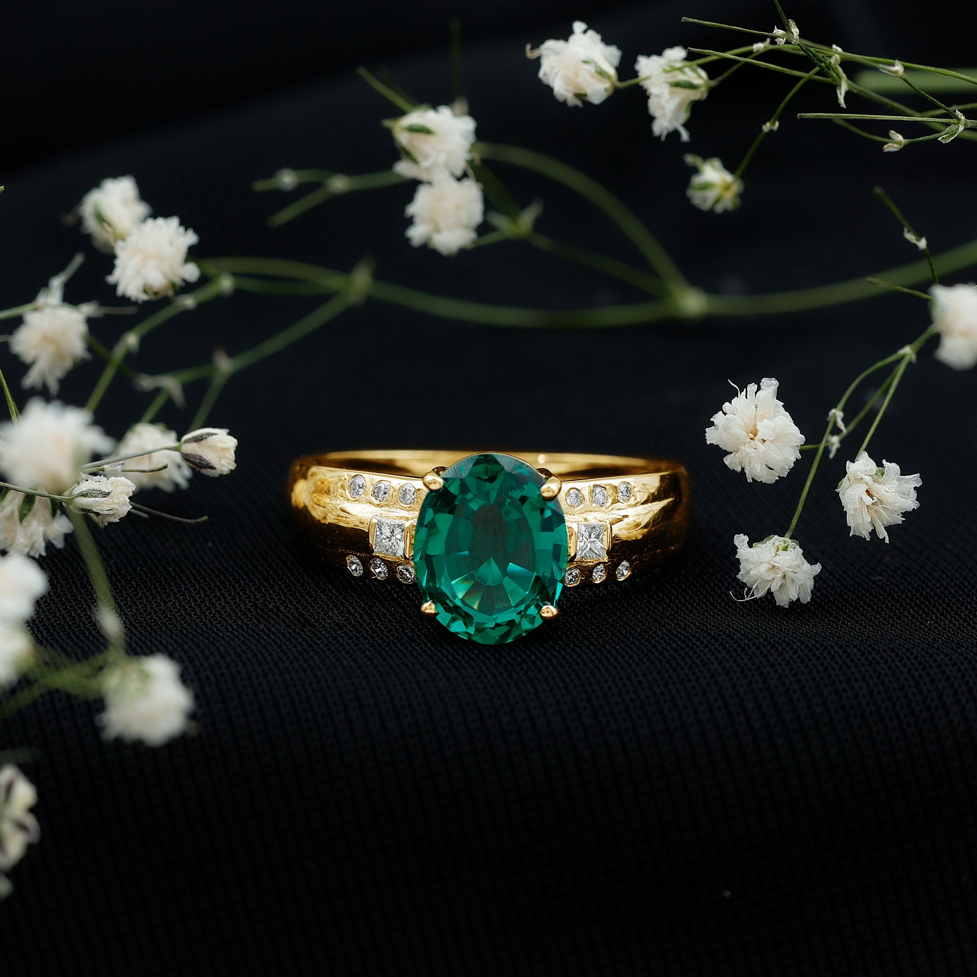 3 Carat Lab Grown Emerald Oval Engagement Ring with Diamond AAAA - Rosec Jewels
