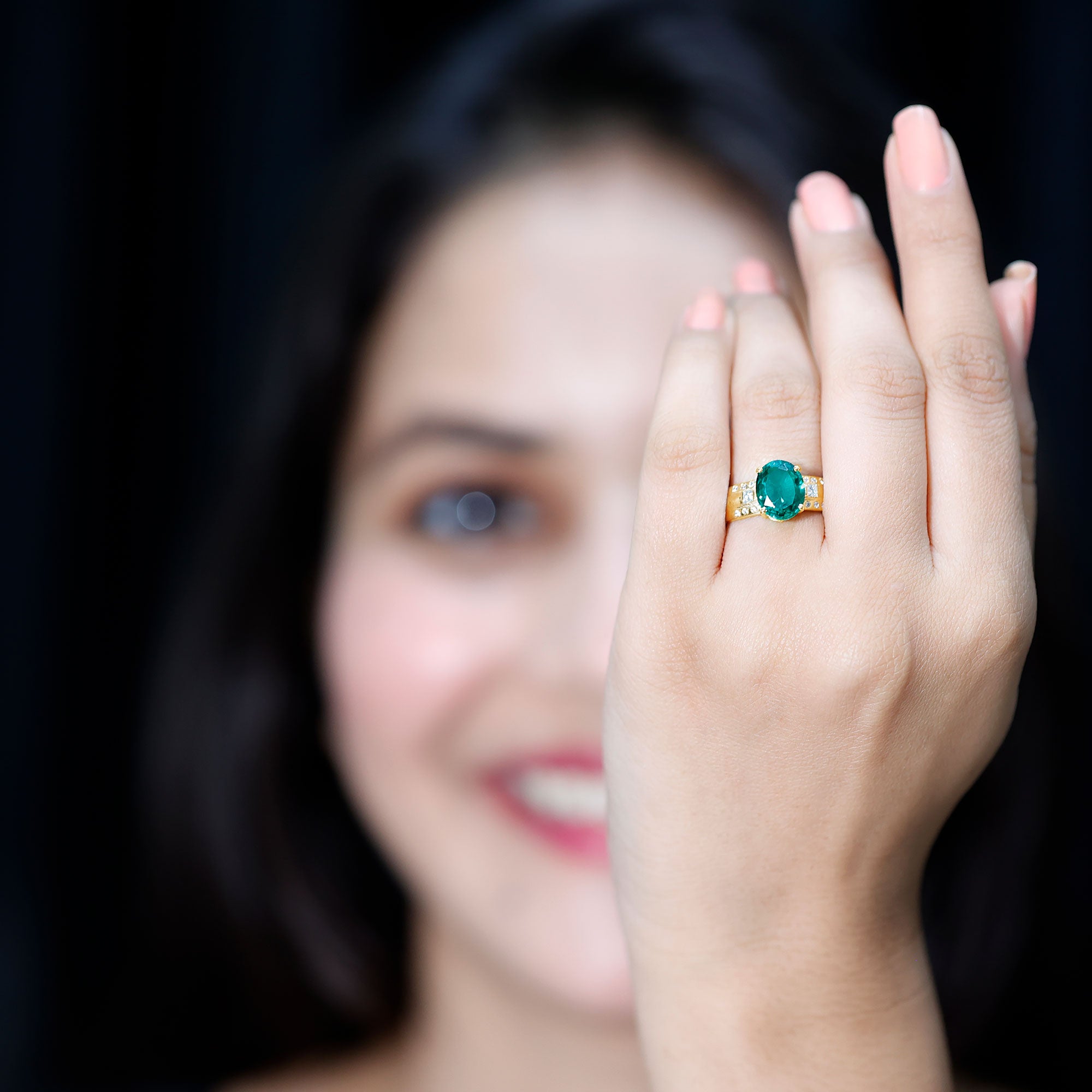 3 Carat Lab Grown Emerald Oval Engagement Ring with Diamond AAAA - Rosec Jewels