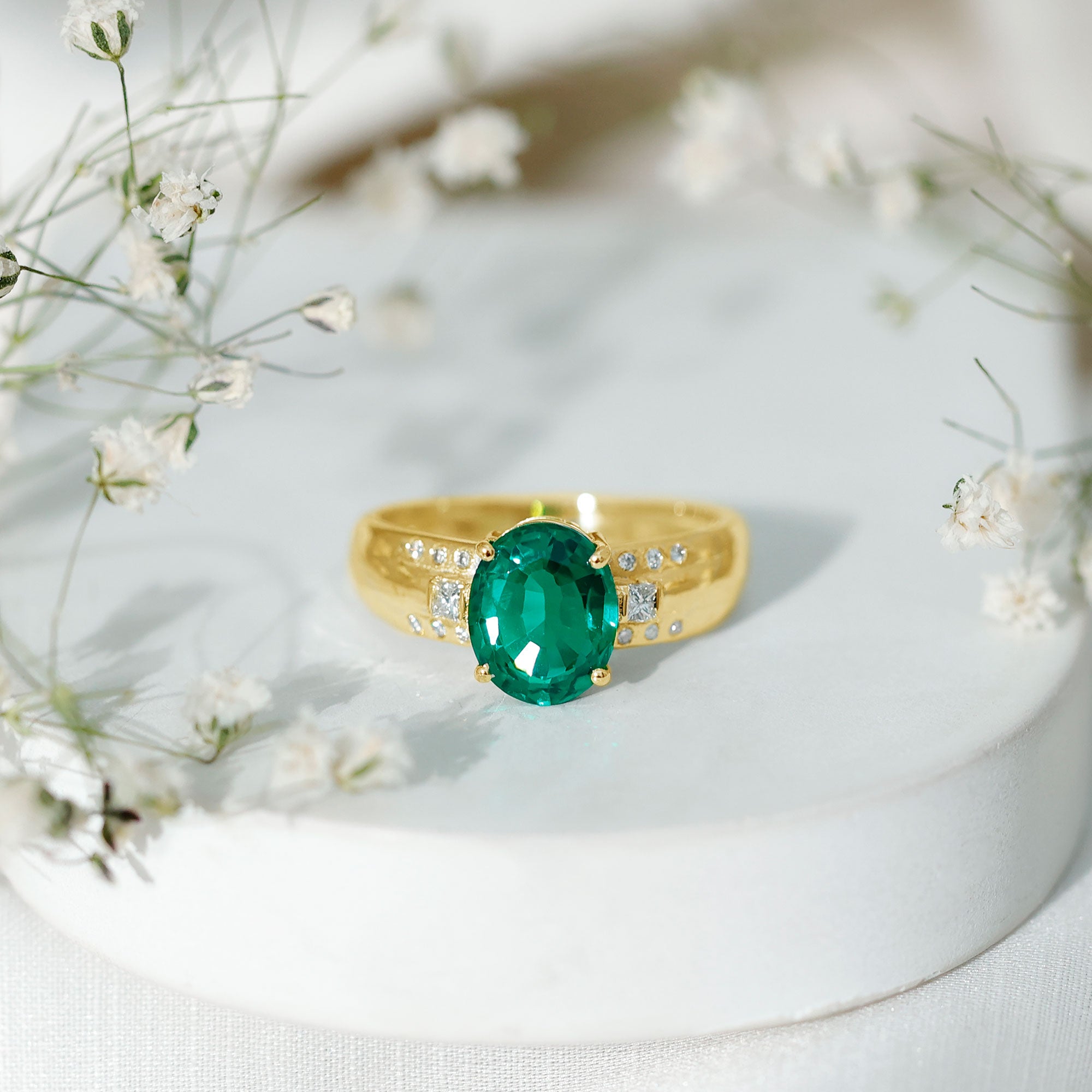 3 Carat Lab Grown Emerald Oval Engagement Ring with Diamond AAAA - Rosec Jewels