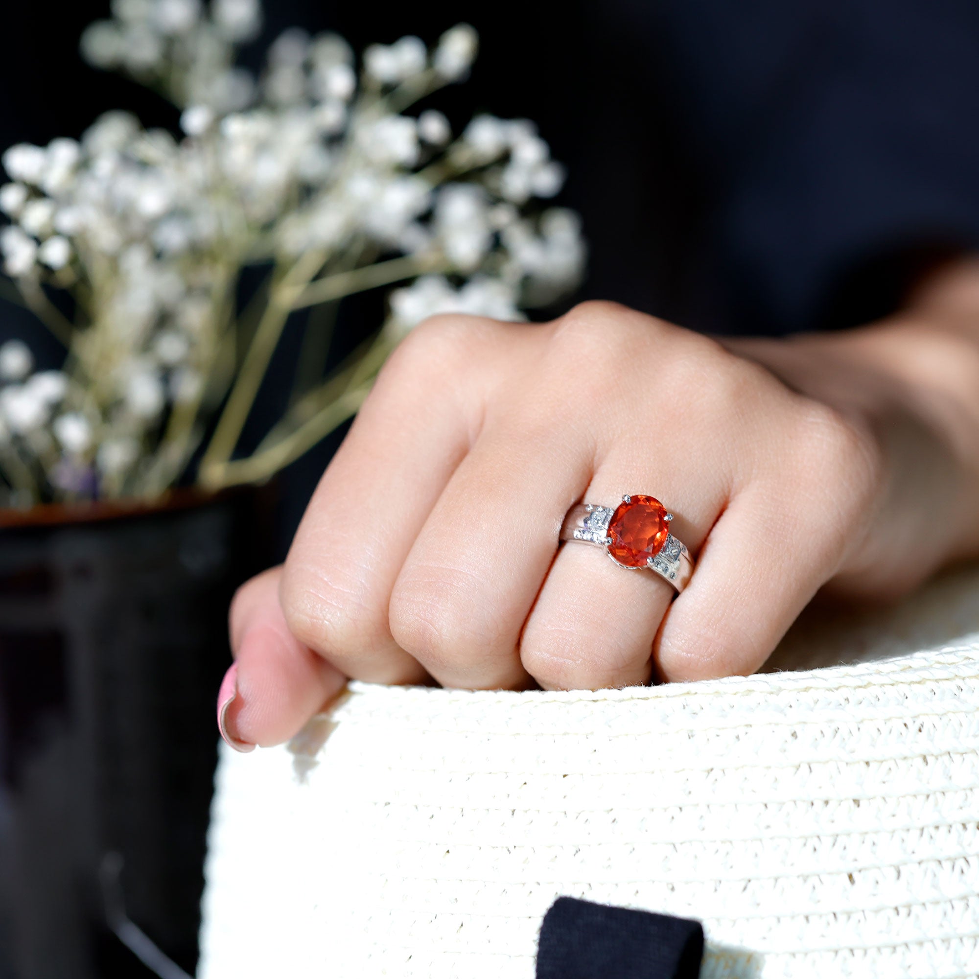 4 Carat Oval Lab Grown Orange Sapphire Statement Engagement Ring with Diamond AAAA - Rosec Jewels