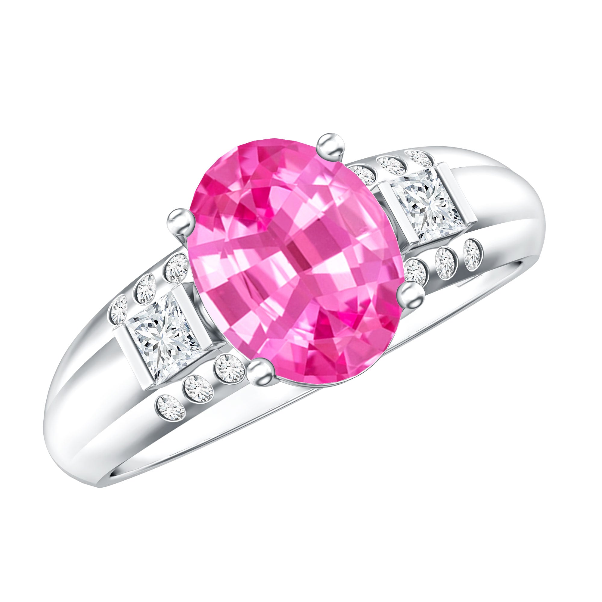Lab Grown Pink Sapphire Oval Solitaire Engagement Ring with Diamond AAAA - Rosec Jewels