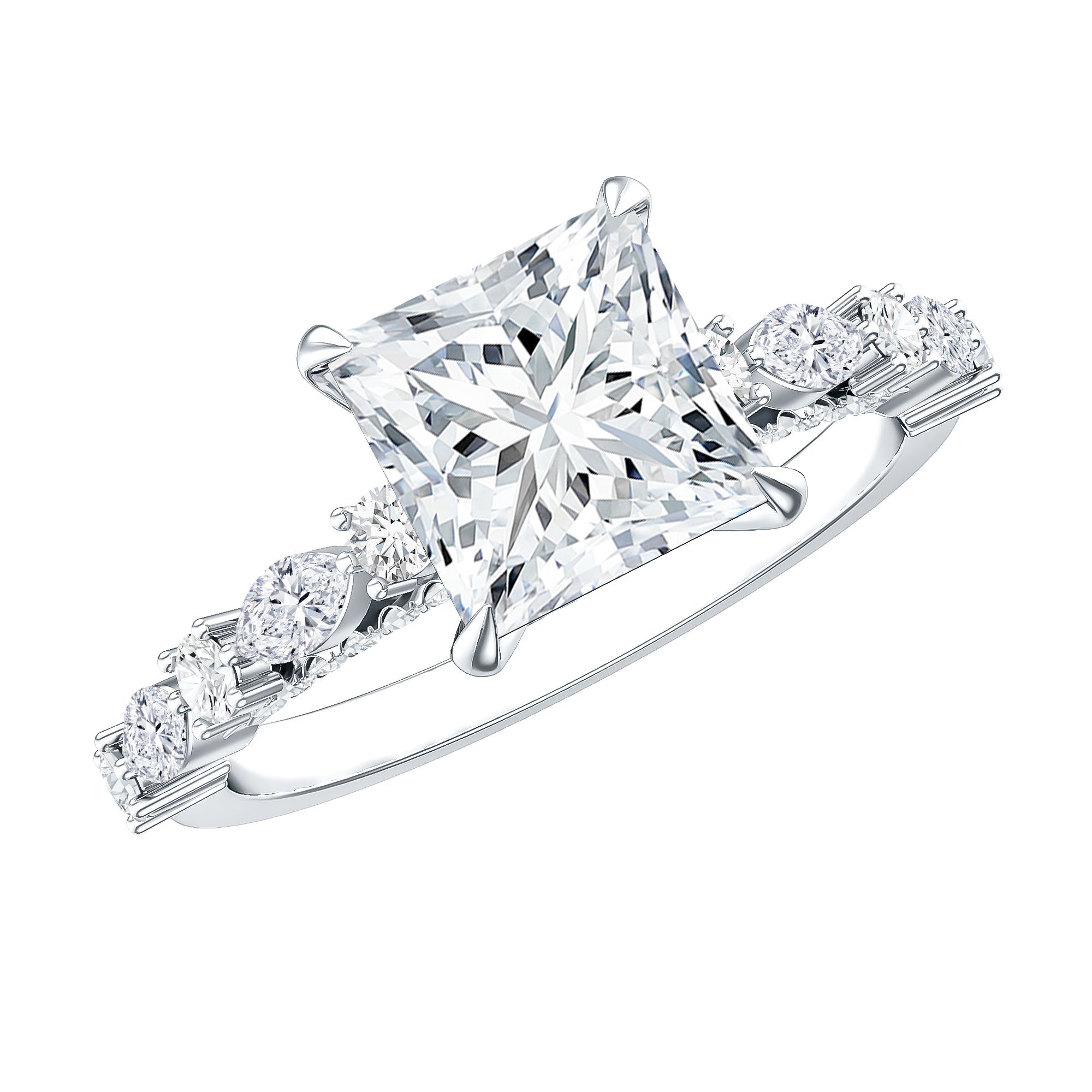 Certified Princess Cut Moissanite Engagement Ring with Side Stones D-VS1 - Rosec Jewels