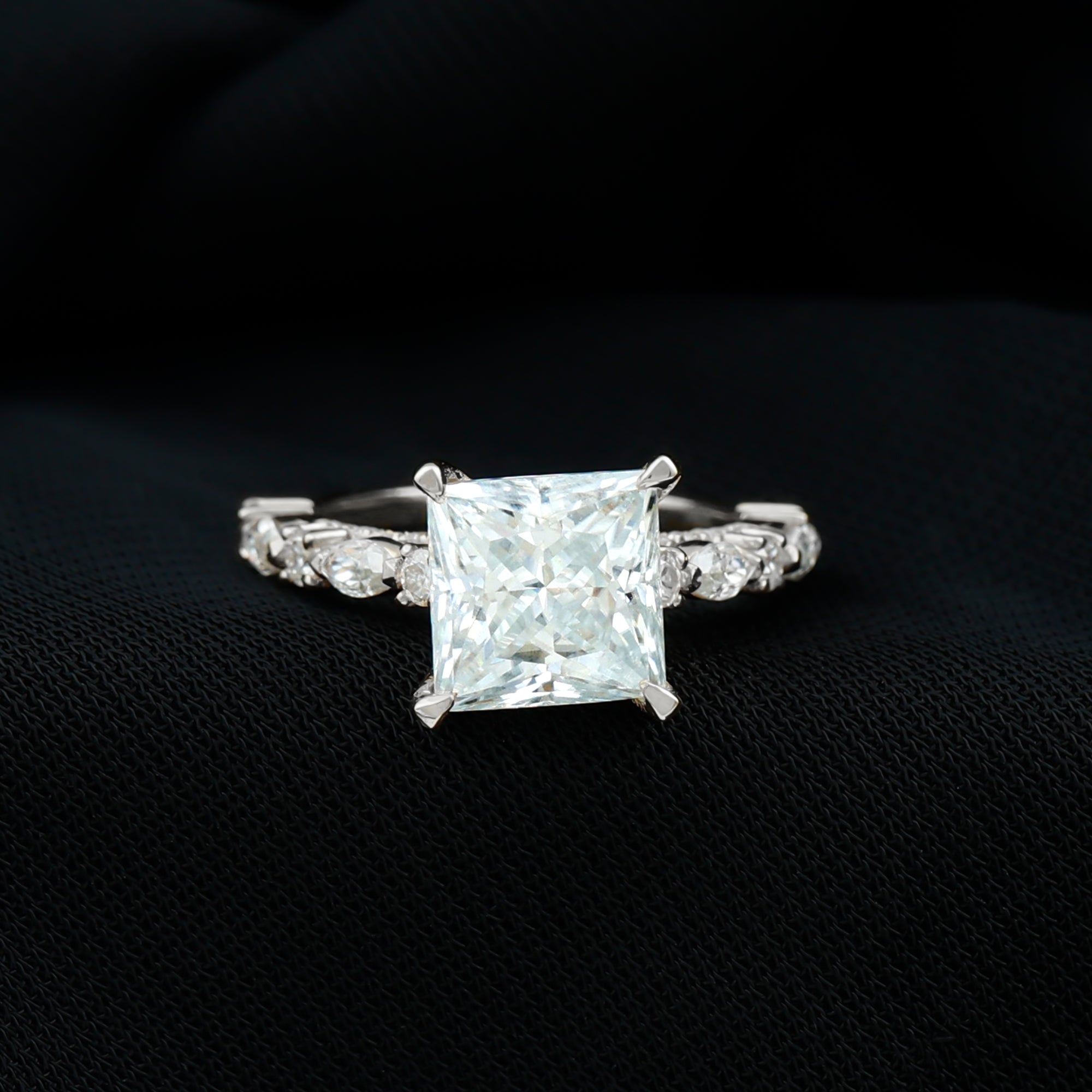 Certified Princess Cut Moissanite Engagement Ring with Side Stones D-VS1 - Rosec Jewels