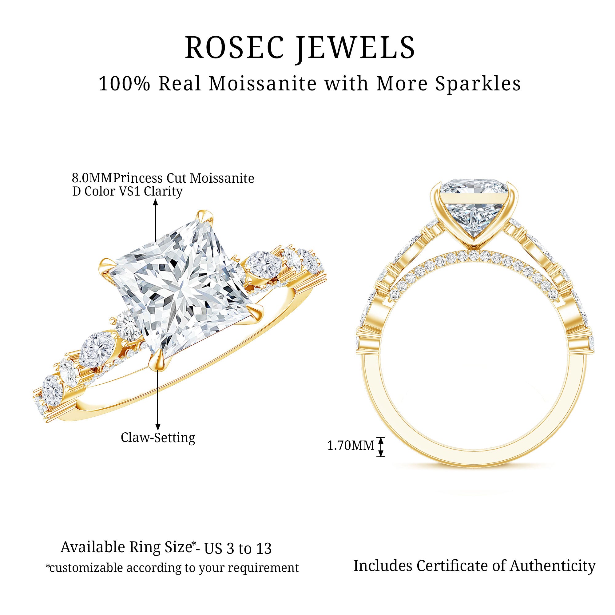 Certified Princess Cut Moissanite Engagement Ring with Side Stones D-VS1 - Rosec Jewels