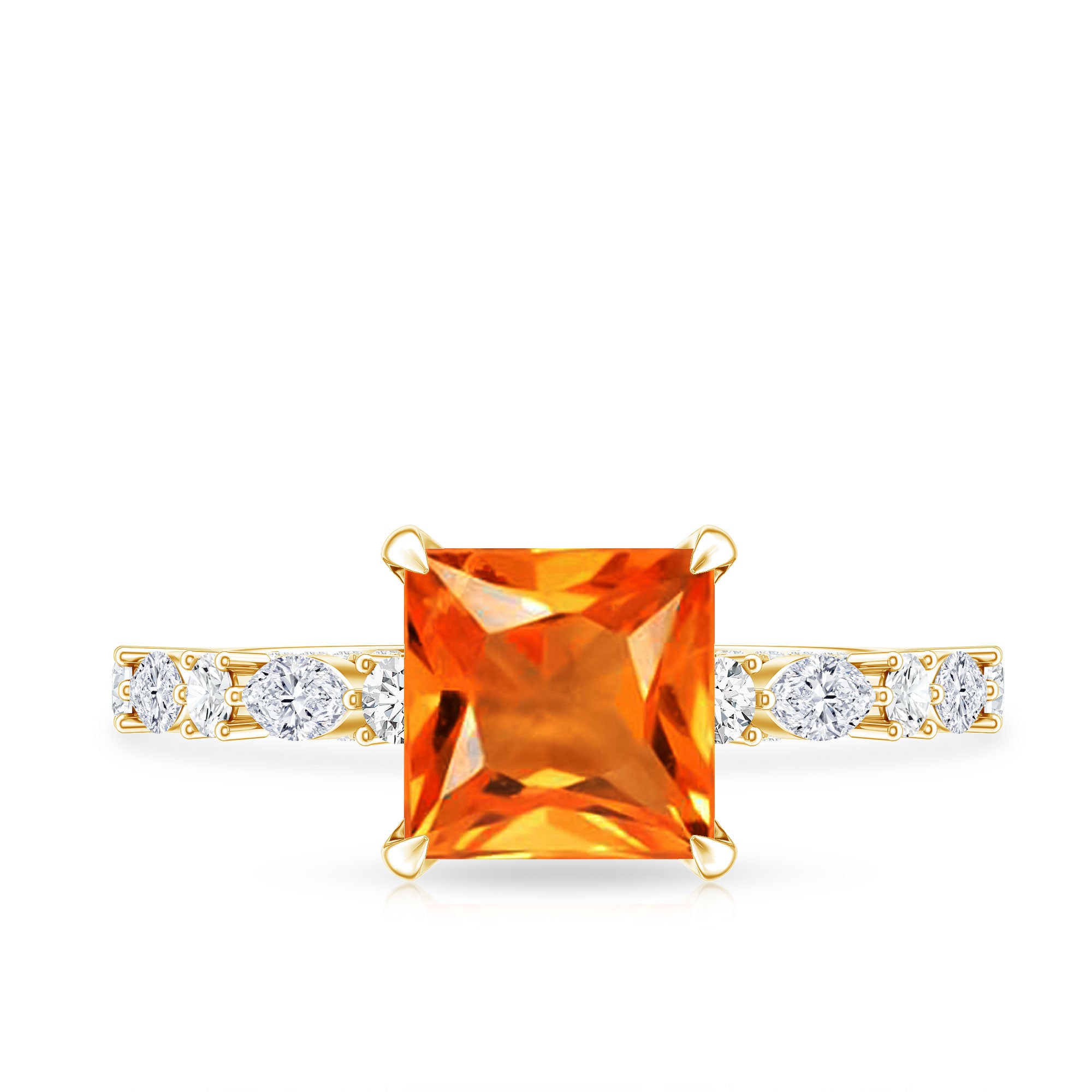 2.75 Carat Lab Grown Orange Sapphire Princess Cut Engagement Ring with Side Stones AAAA - Rosec Jewels