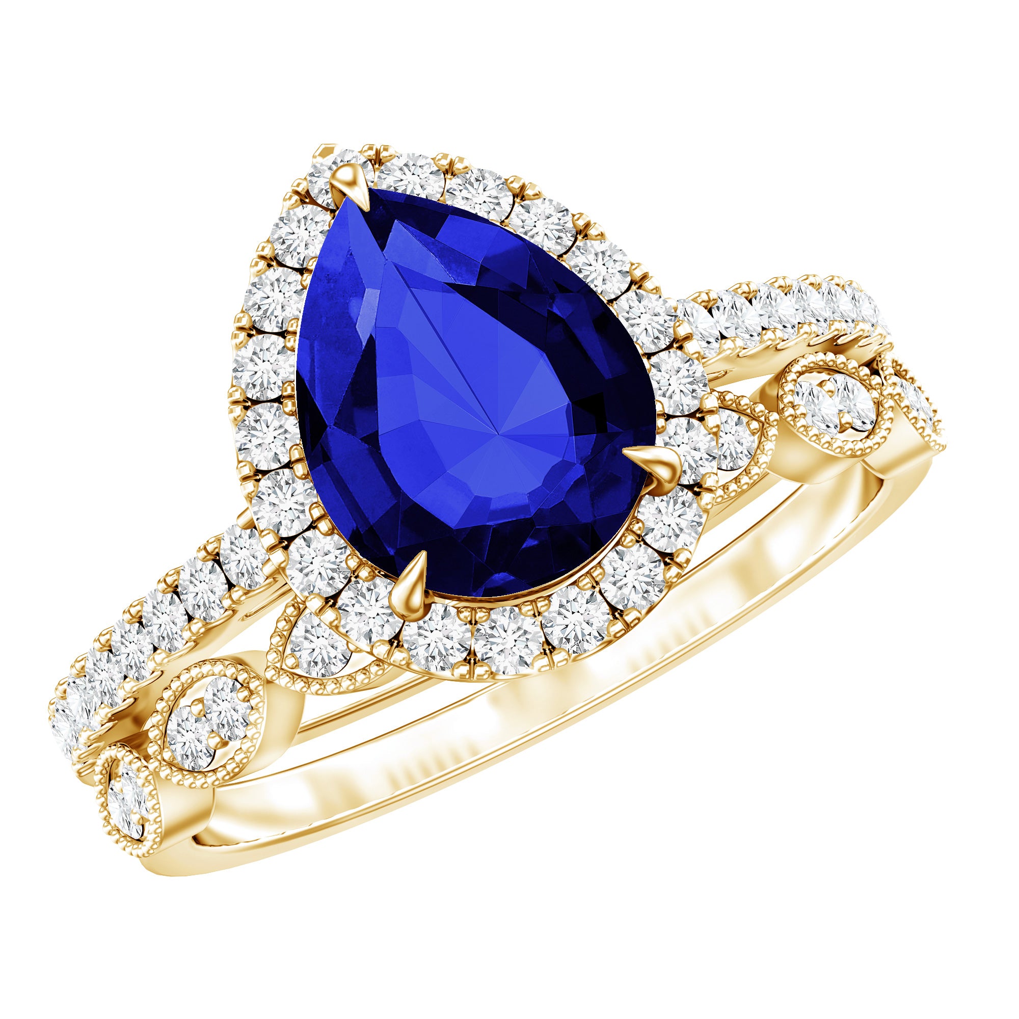 Certified 1.6 Carat Lab Grown Blue Sapphire Pear Shaped Engagement Ring Set with Diamond AAAA - Rosec Jewels