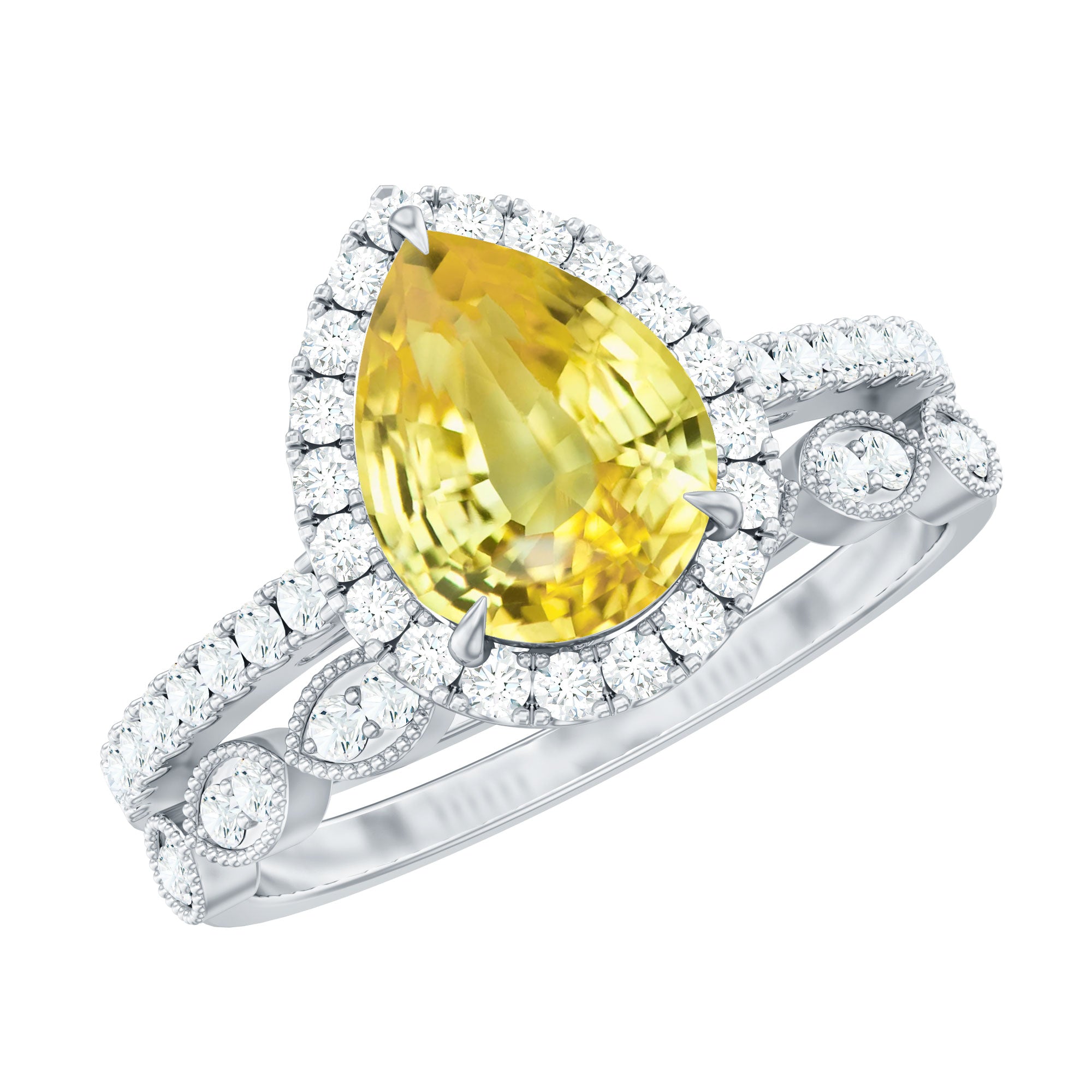 Lab Grown Yellow Sapphire Engagement Ring with Diamond Wedding Band