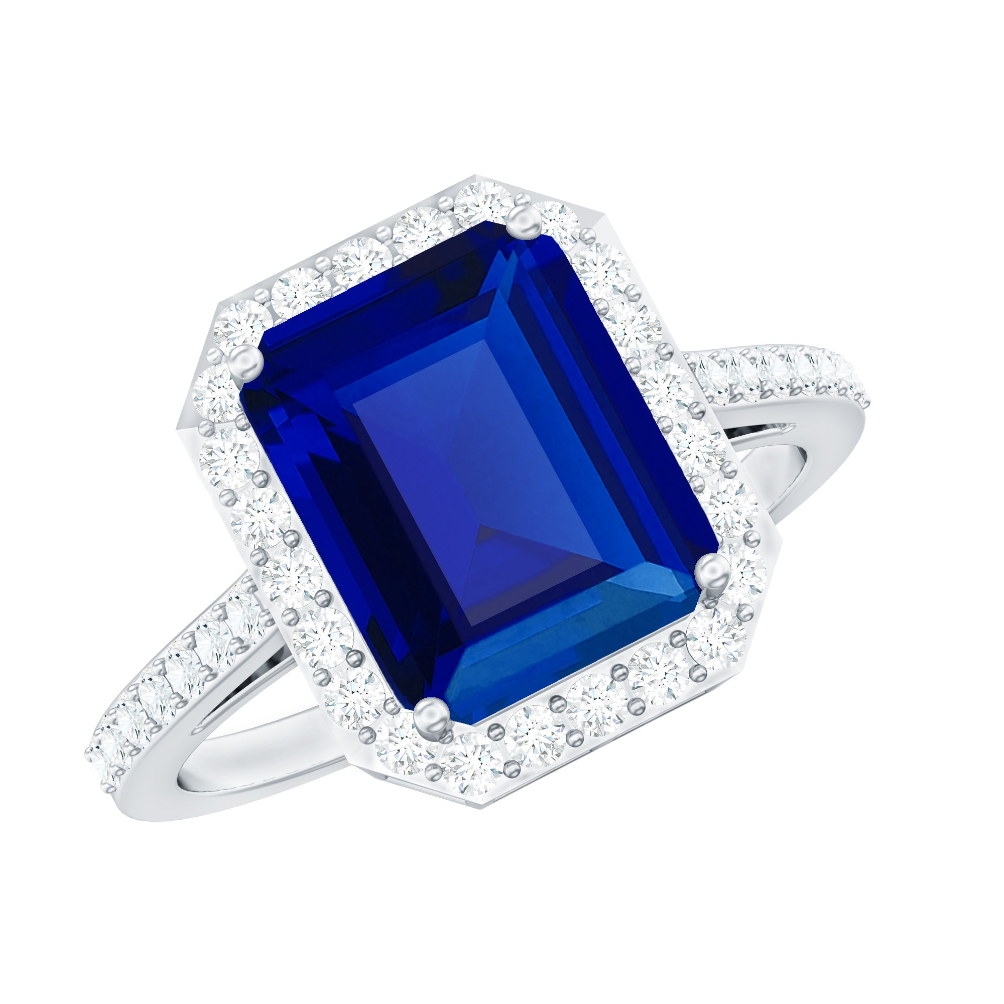 Emerald Cut Lab Grown Blue Sapphire Engagement Ring with Diamond