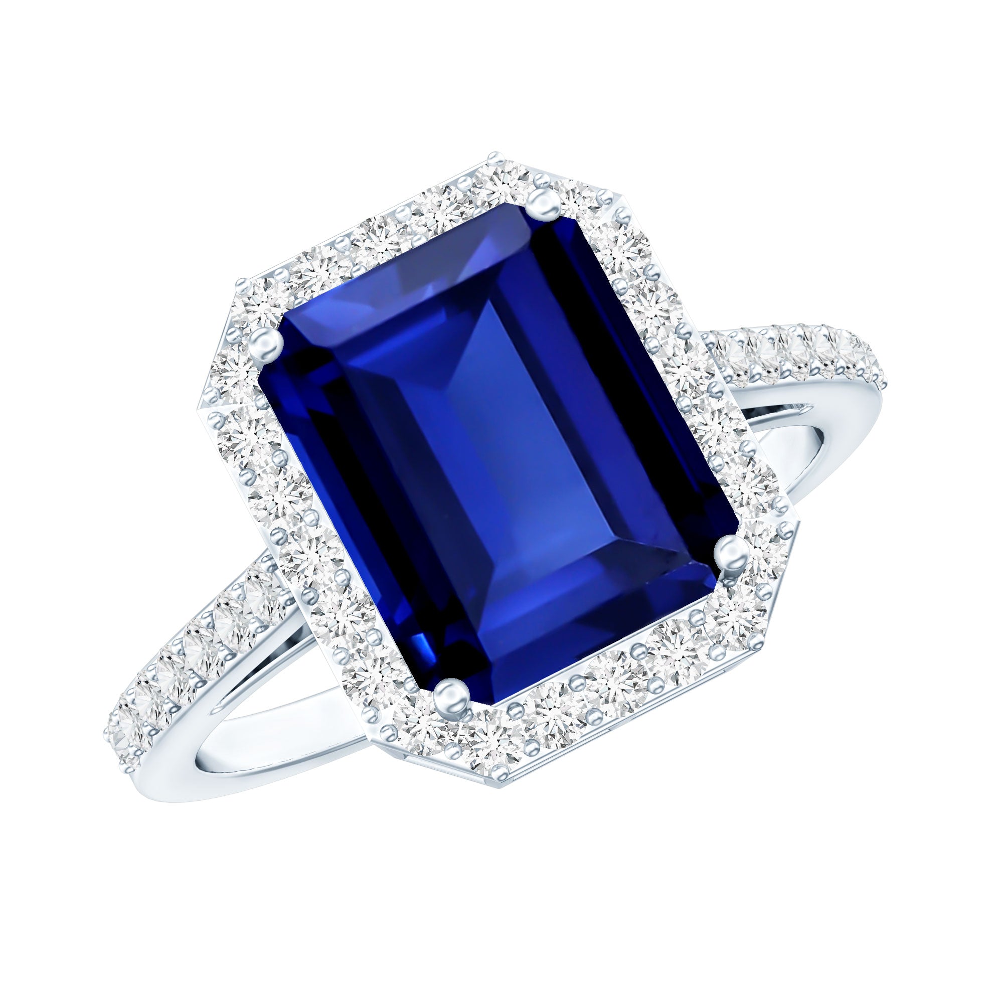 Certified 2.75 Carat Lab Grown Blue Sapphire Emerald Cut Engagement Ring with Diamond Halo AAAA - Rosec Jewels