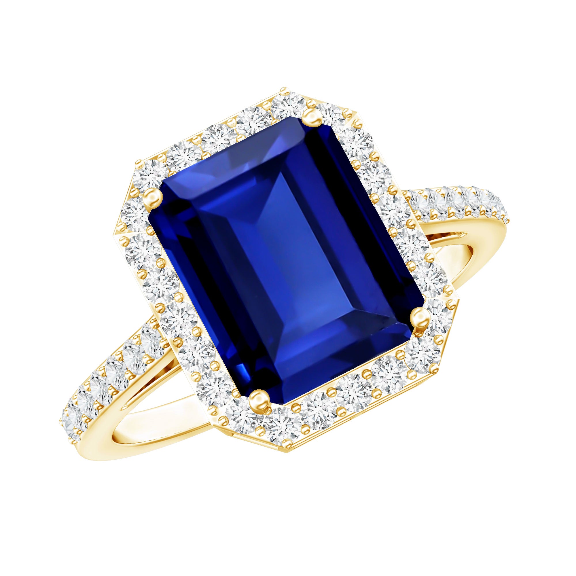 Certified 2.75 Carat Lab Grown Blue Sapphire Emerald Cut Engagement Ring with Diamond Halo AAAA - Rosec Jewels