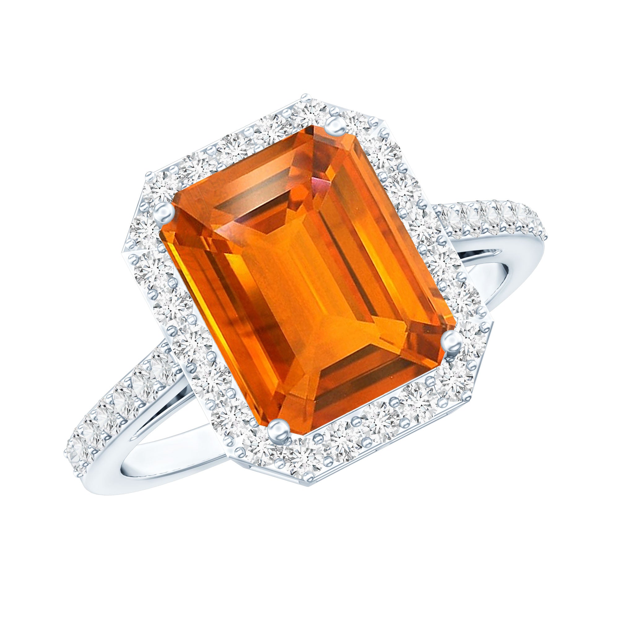 2.75 Carat Lab Grown Orange Sapphire Emerald Cut Engagement Ring with Diamond Halo AAAA - Rosec Jewels
