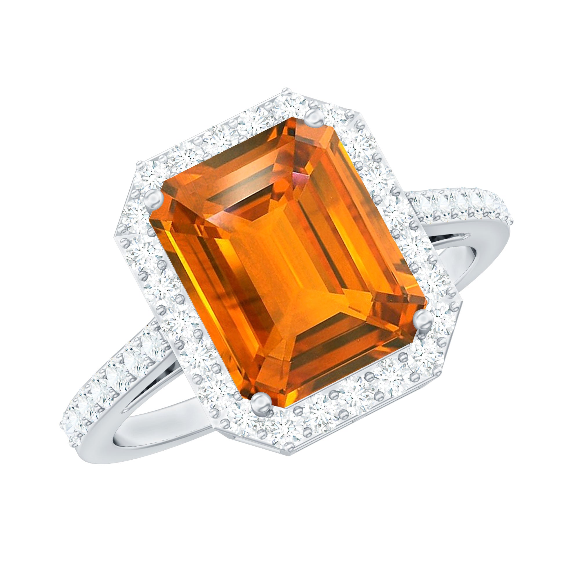 Lab Grown Orange Sapphire Emerald Cut Engagement Ring with Diamond
