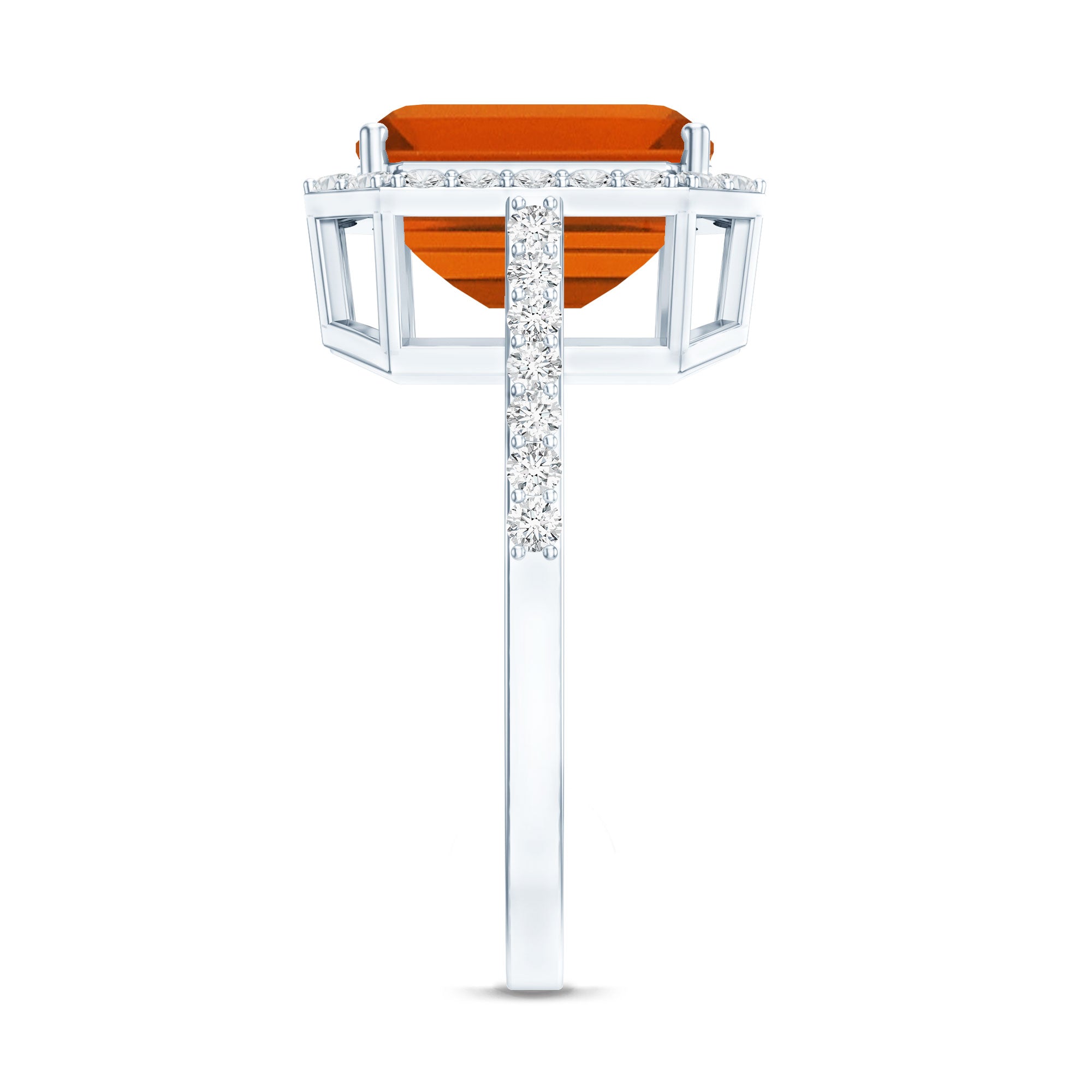 2.75 Carat Lab Grown Orange Sapphire Emerald Cut Engagement Ring with Diamond Halo AAAA - Rosec Jewels