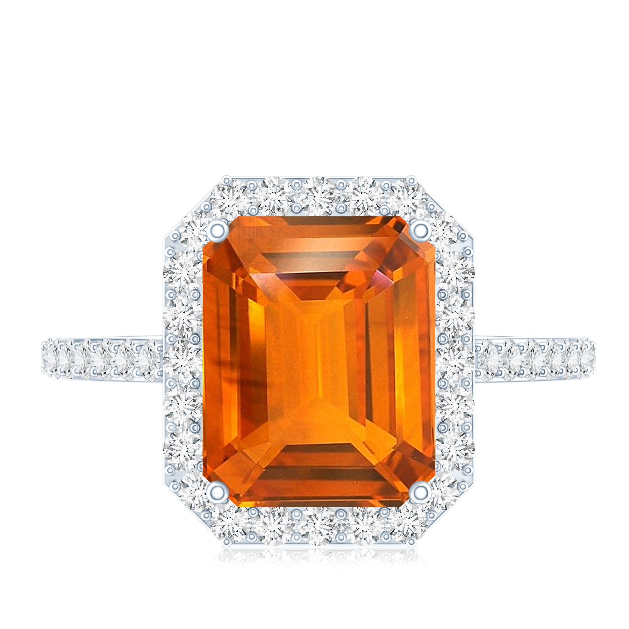 2.75 Carat Lab Grown Orange Sapphire Emerald Cut Engagement Ring with Diamond Halo AAAA - Rosec Jewels