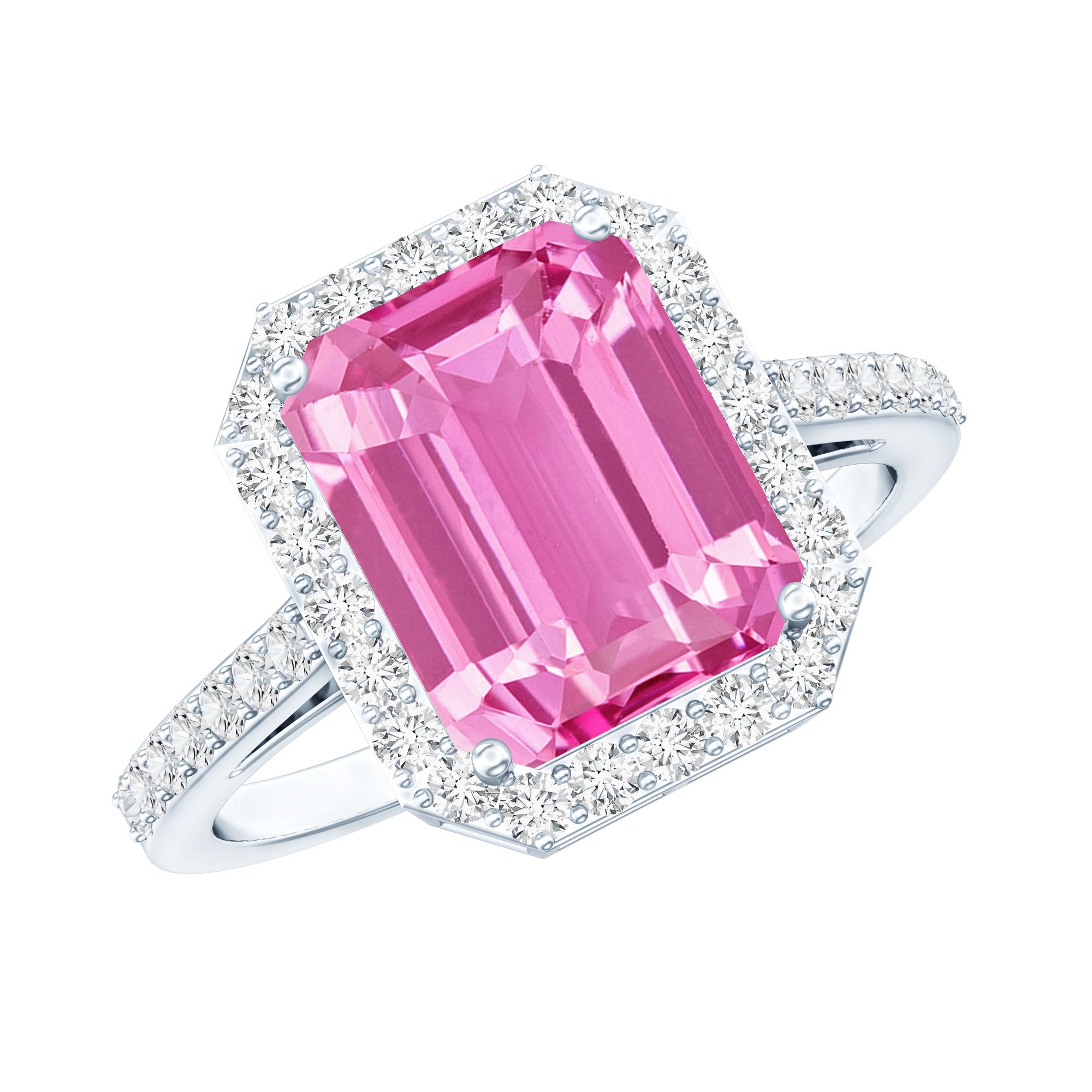 2.75 Carat Lab Grown Pink Sapphire Emerald Cut Engagement Ring with Diamond AAAA - Rosec Jewels