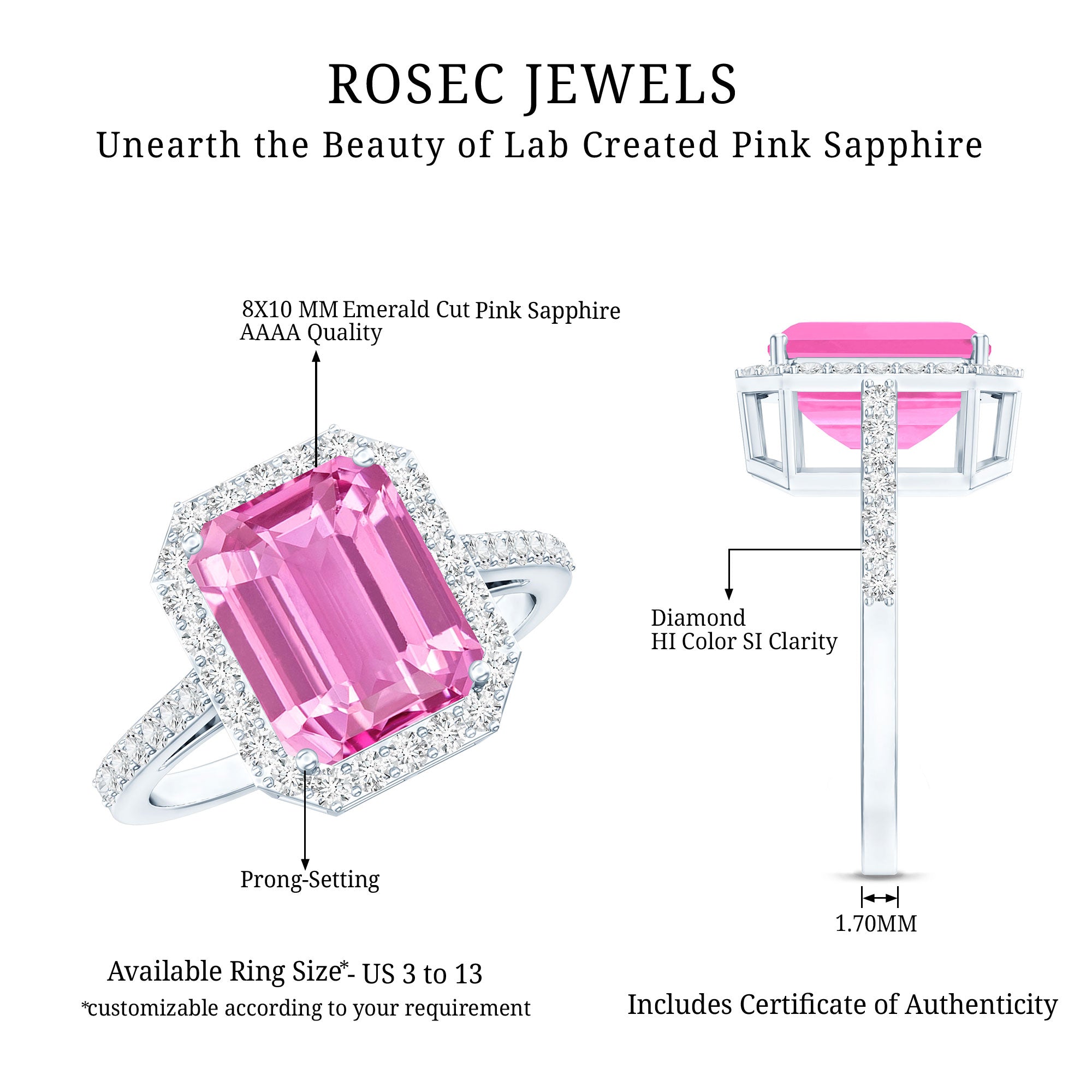 2.75 Carat Lab Grown Pink Sapphire Emerald Cut Engagement Ring with Diamond AAAA - Rosec Jewels