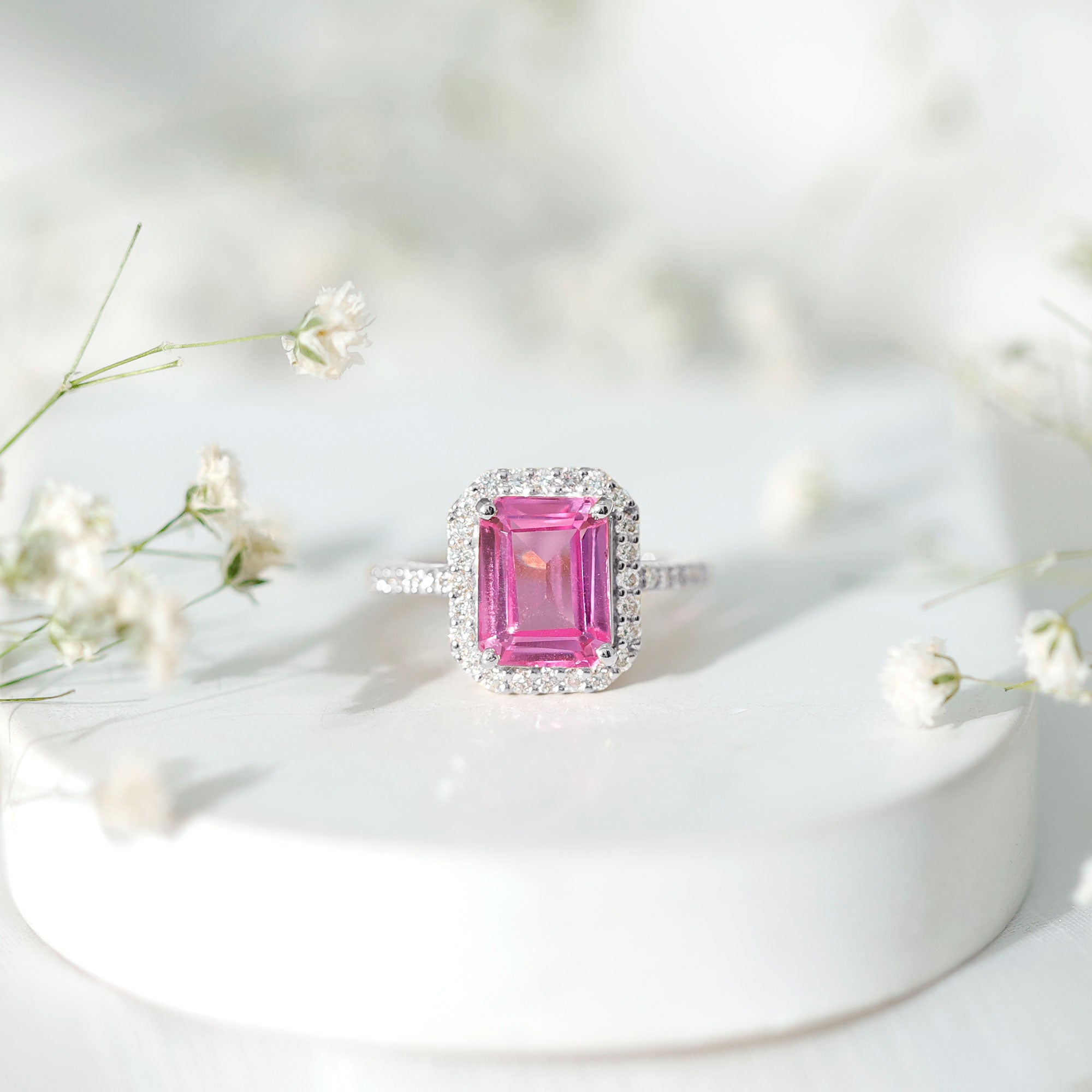 2.75 Carat Lab Grown Pink Sapphire Emerald Cut Engagement Ring with Diamond AAAA - Rosec Jewels