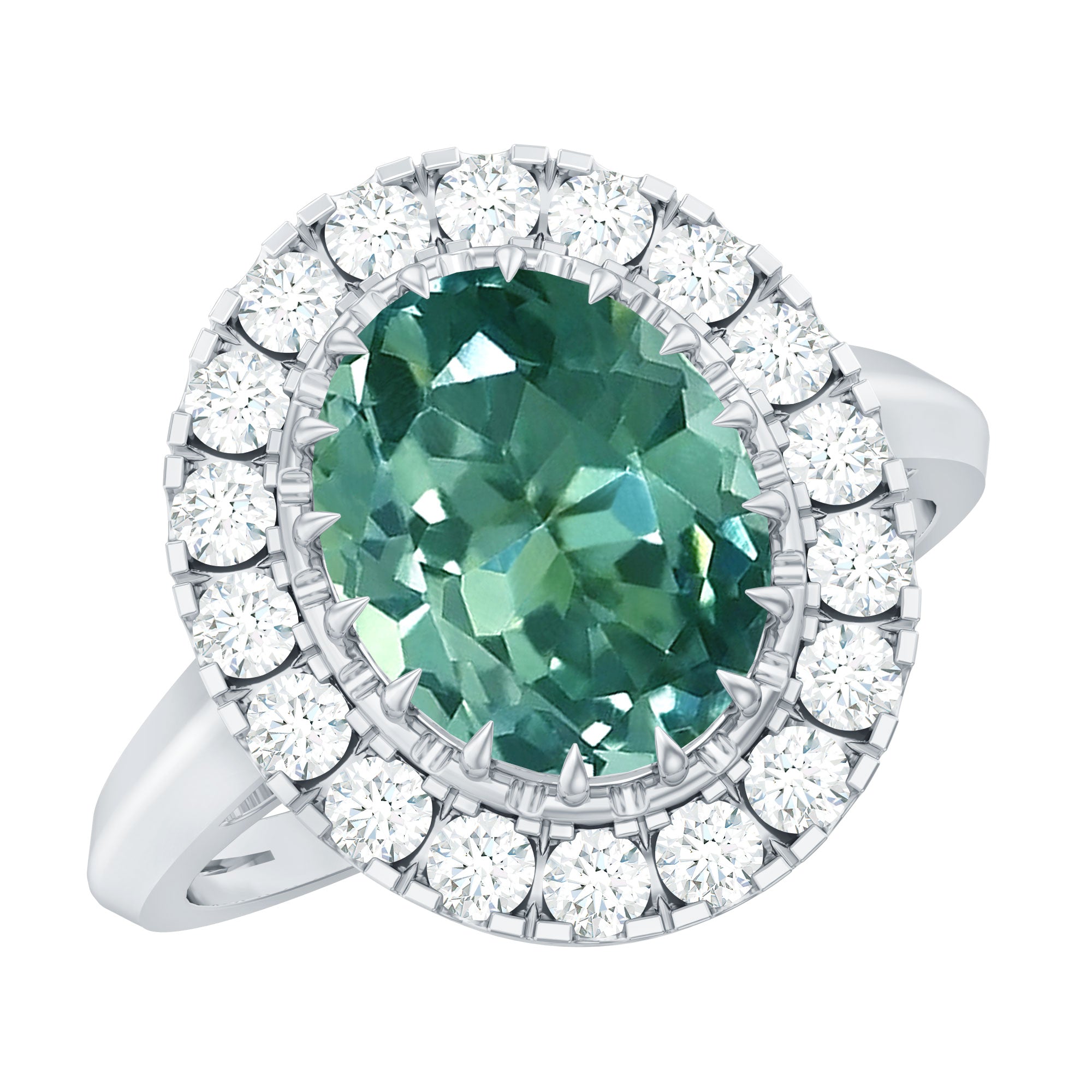 Oval Lab Grown Green Sapphire Engagement Ring with Moissanite Halo