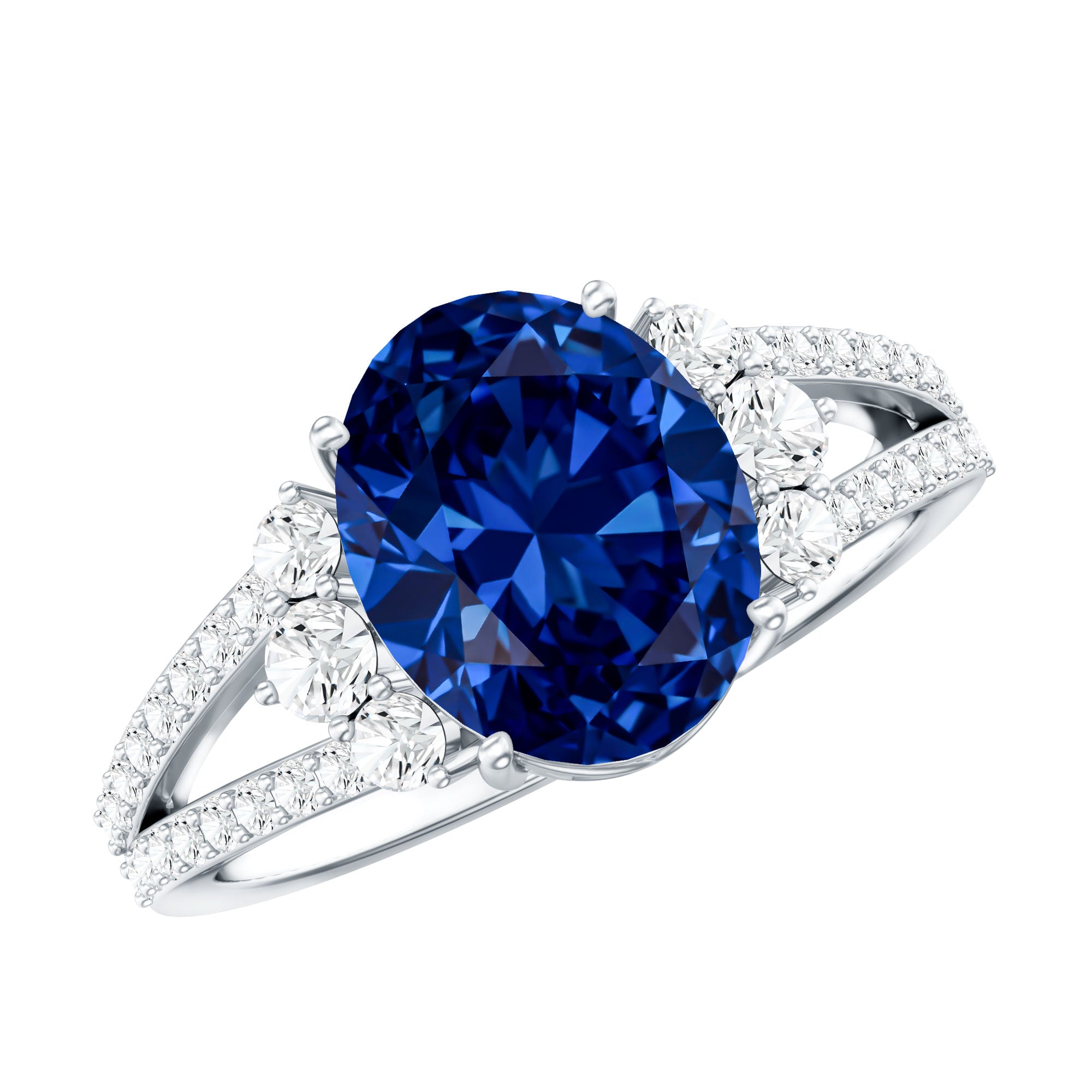 Certified 4 Carat Lab Grown Blue Sapphire Oval Engagement Ring with Diamond Split Shank AAAA - Rosec Jewels