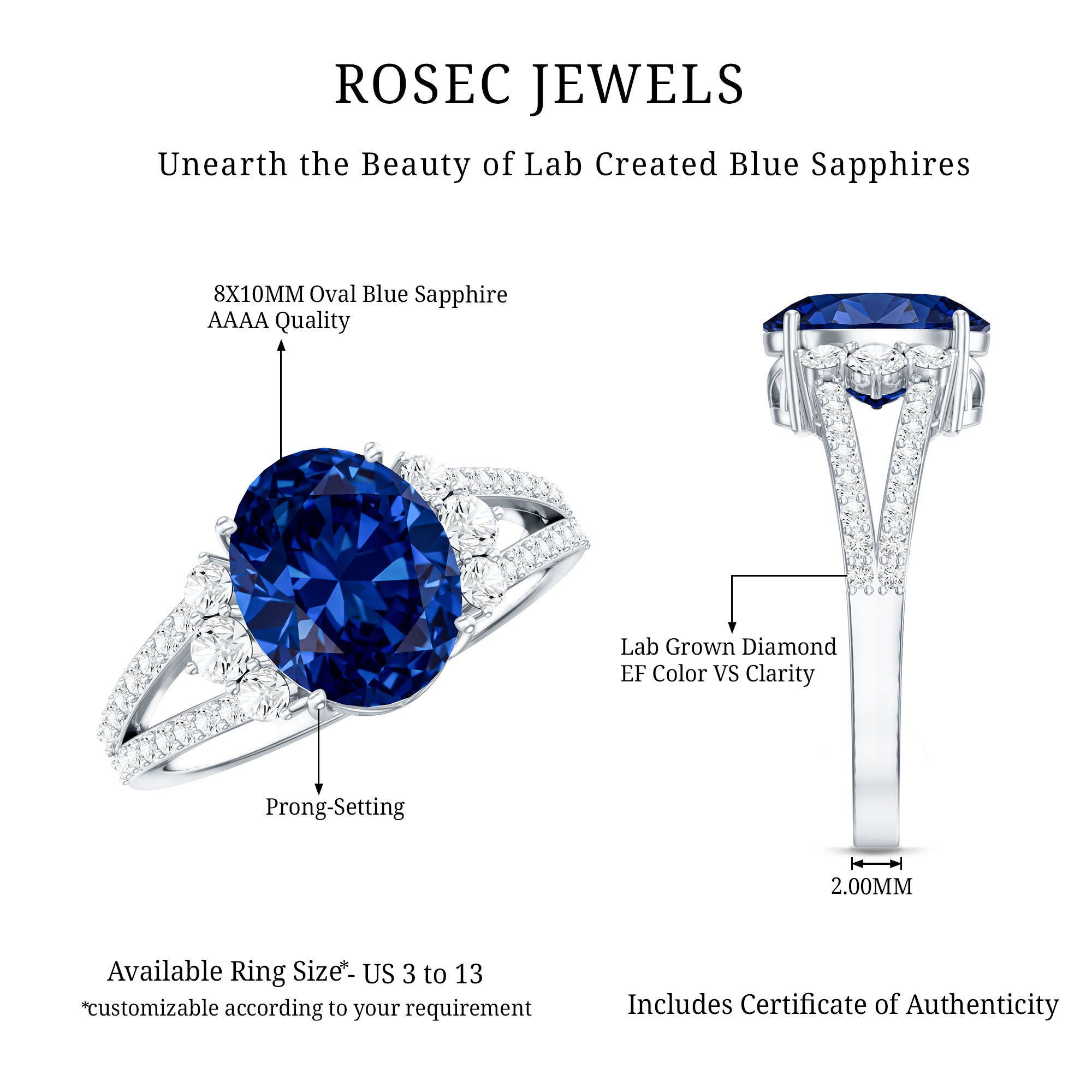 Certified 4 Carat Lab Grown Blue Sapphire Oval Engagement Ring with Diamond Split Shank AAAA - Rosec Jewels