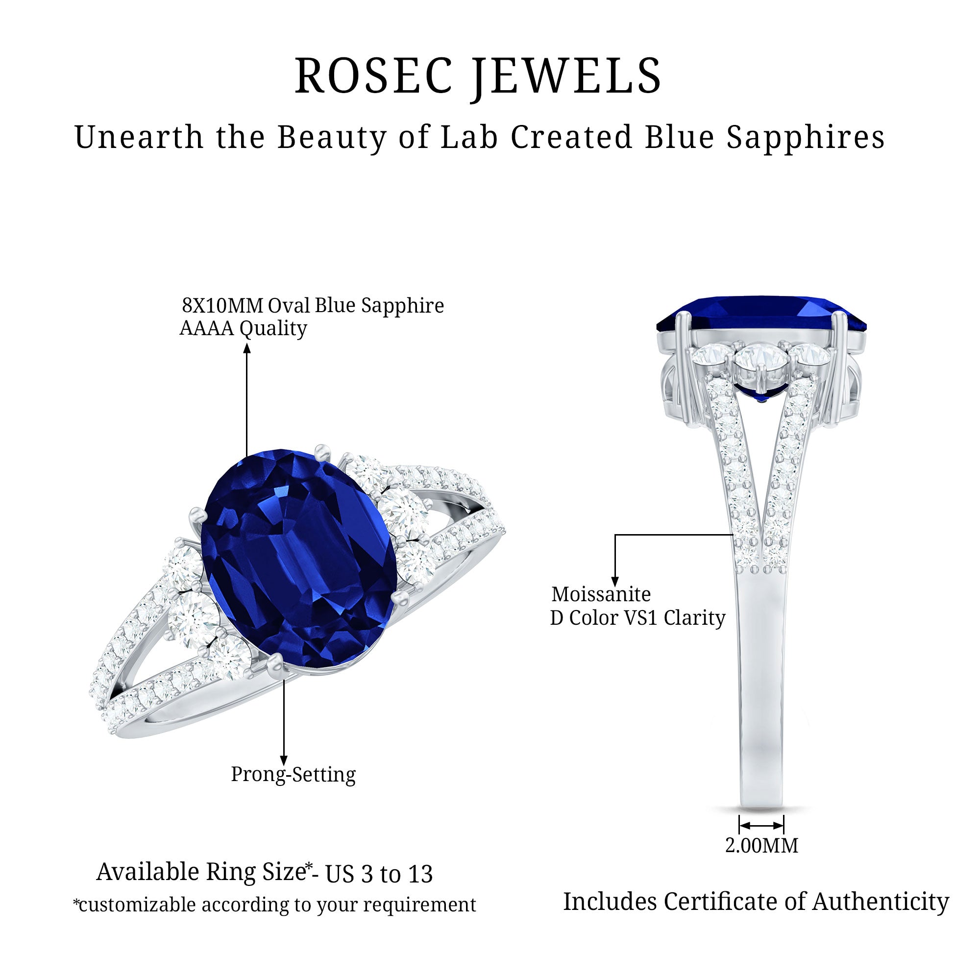 Certified 4 Carat Lab Grown Blue Sapphire Oval Engagement Ring with Diamond Split Shank AAAA - Rosec Jewels