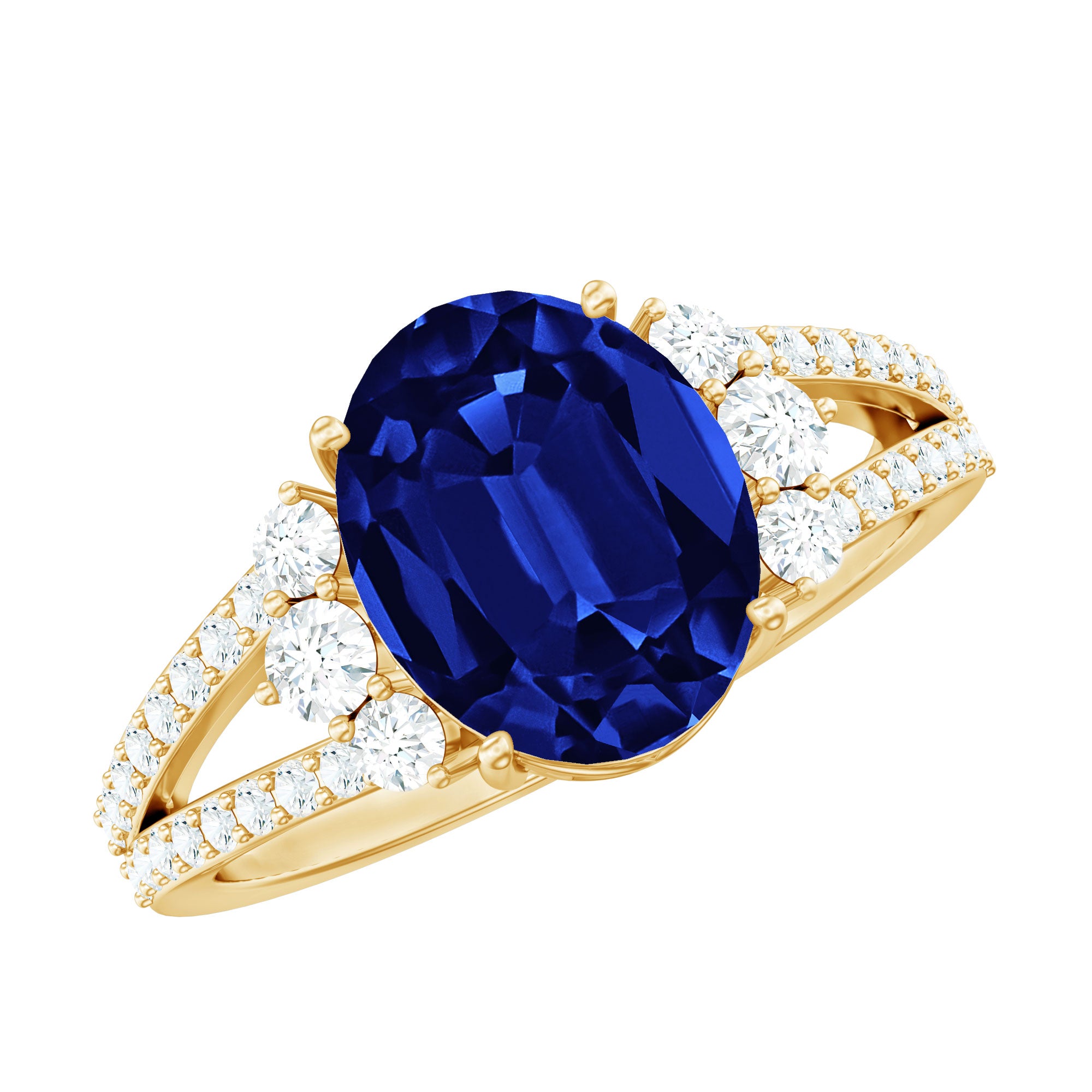 Certified 4 Carat Lab Grown Blue Sapphire Oval Engagement Ring with Diamond Split Shank AAAA - Rosec Jewels