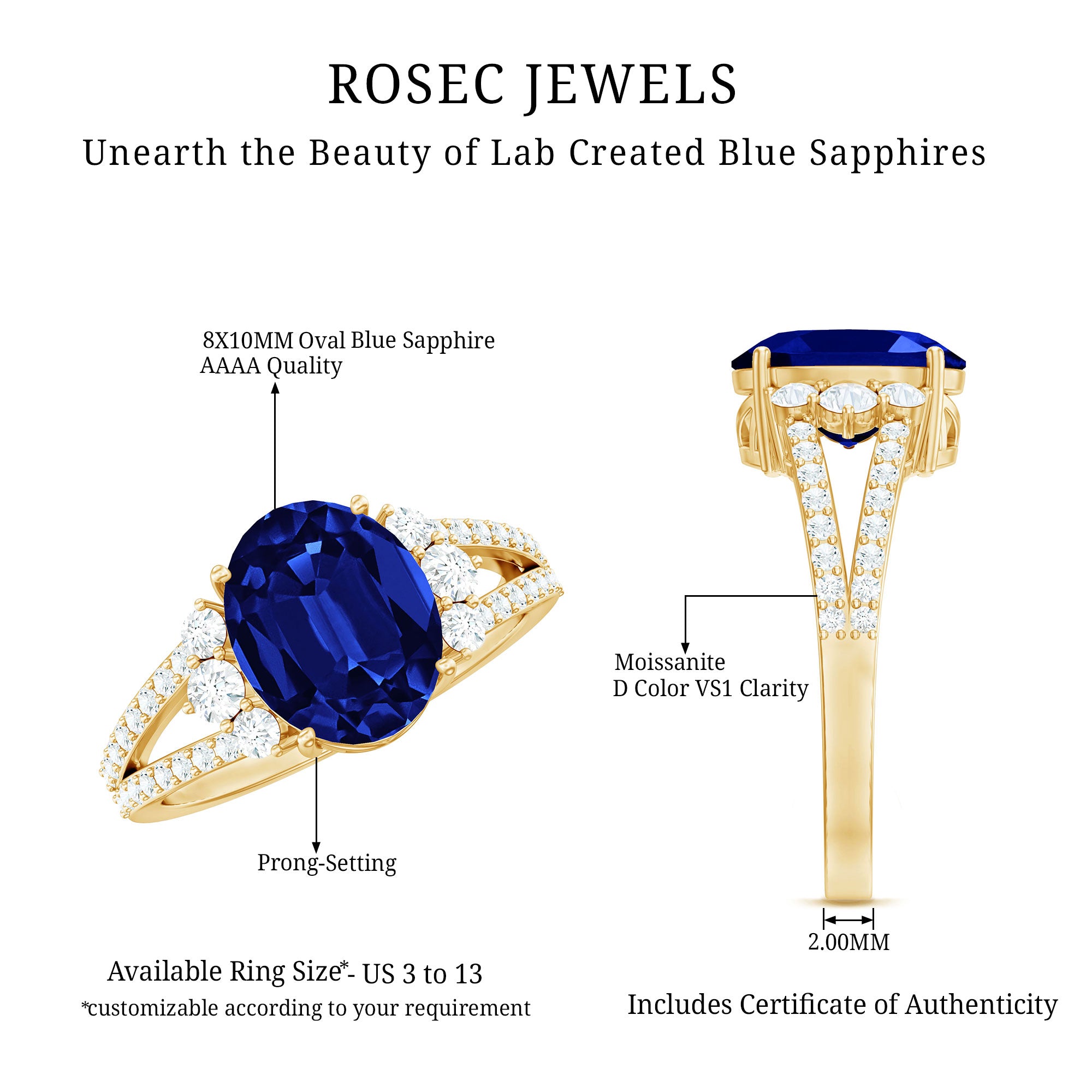 Certified 4 Carat Lab Grown Blue Sapphire Oval Engagement Ring with Diamond Split Shank AAAA - Rosec Jewels