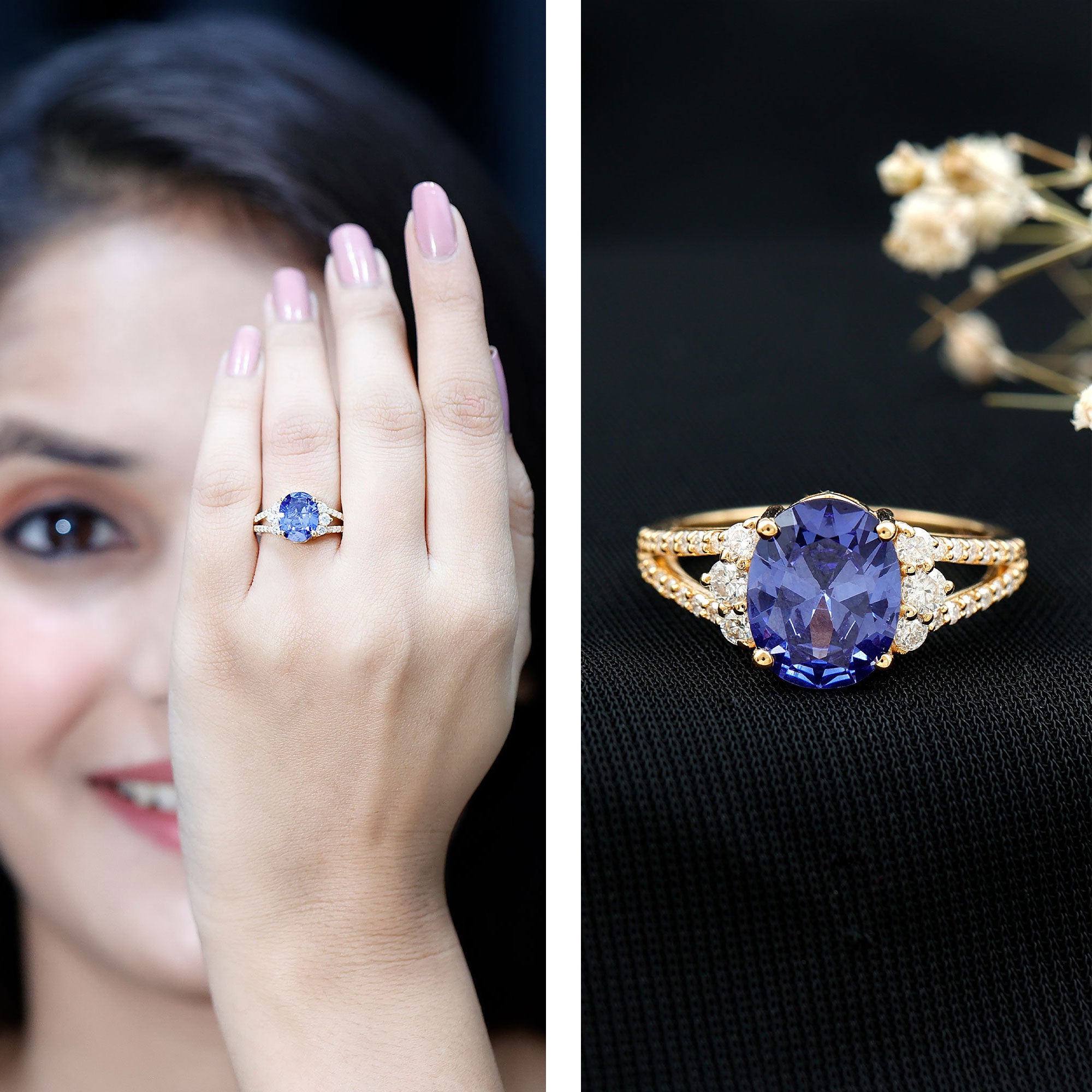 Certified 4 Carat Lab Grown Blue Sapphire Oval Engagement Ring with Diamond Split Shank AAAA - Rosec Jewels