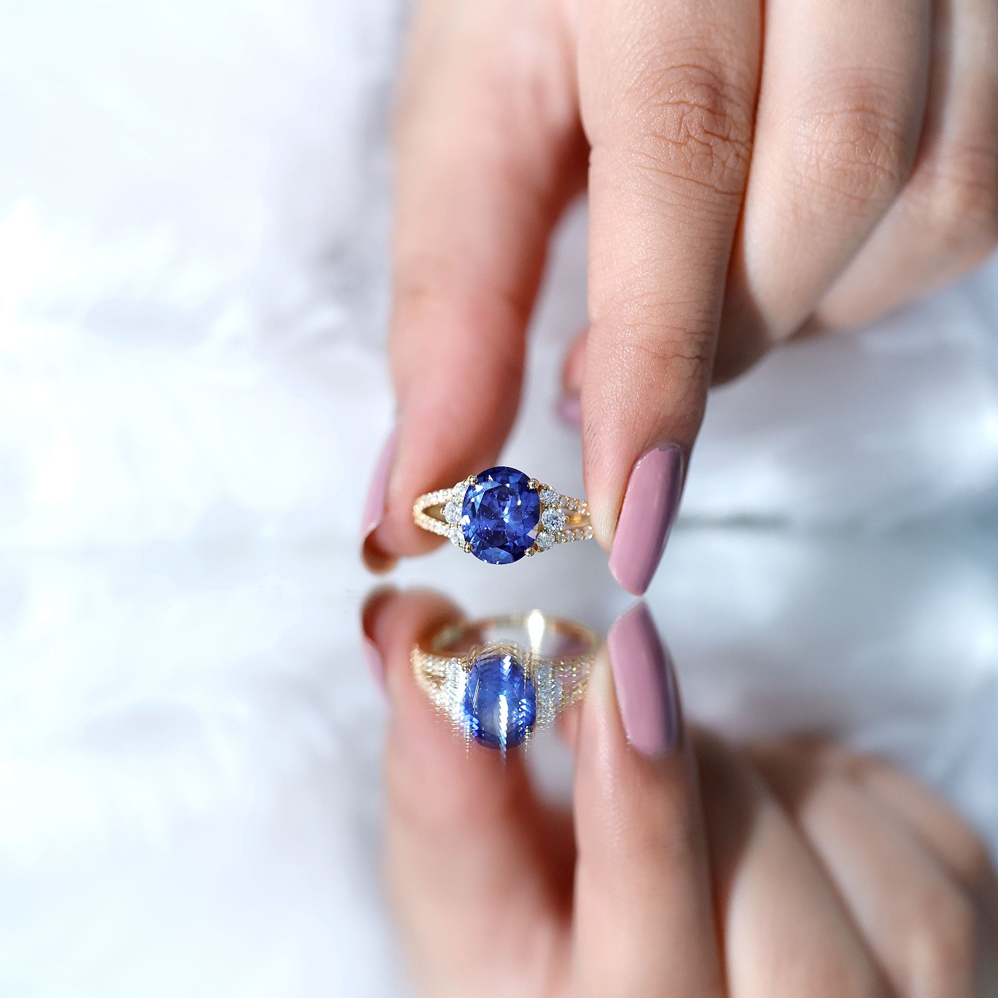 Certified 4 Carat Lab Grown Blue Sapphire Oval Engagement Ring with Diamond Split Shank AAAA - Rosec Jewels