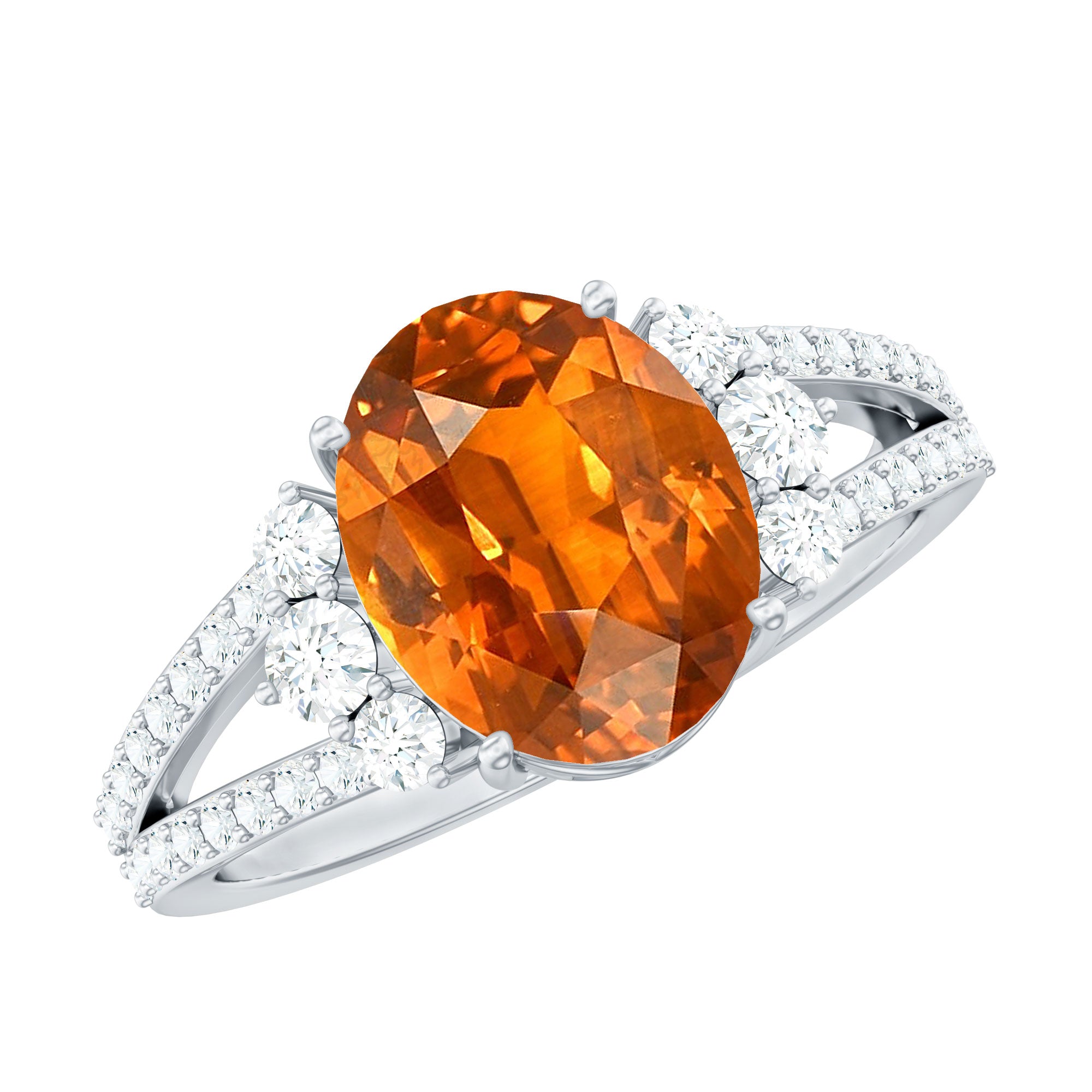 4 Carat Oval Lab Grown Orange Sapphire Engagement Ring with Diamond Split Shank AAAA - Rosec Jewels